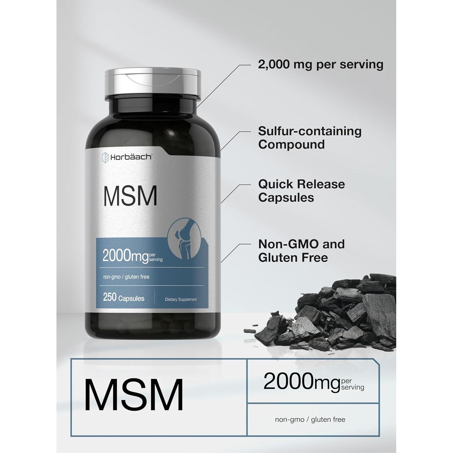 Cápsulas de Suplemento MSM Horbaach 2000mg 250 Conteo