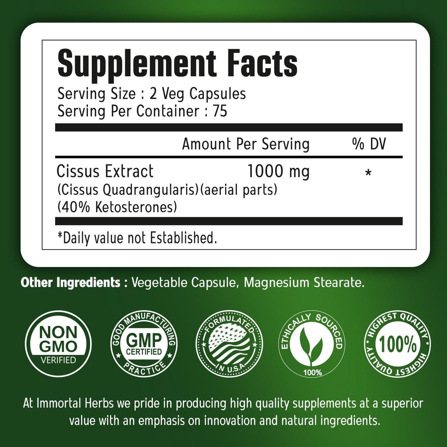 Cápsulas de Cissus Quadrangularis 1000mg - Immortal Herbs, 150 Unidades