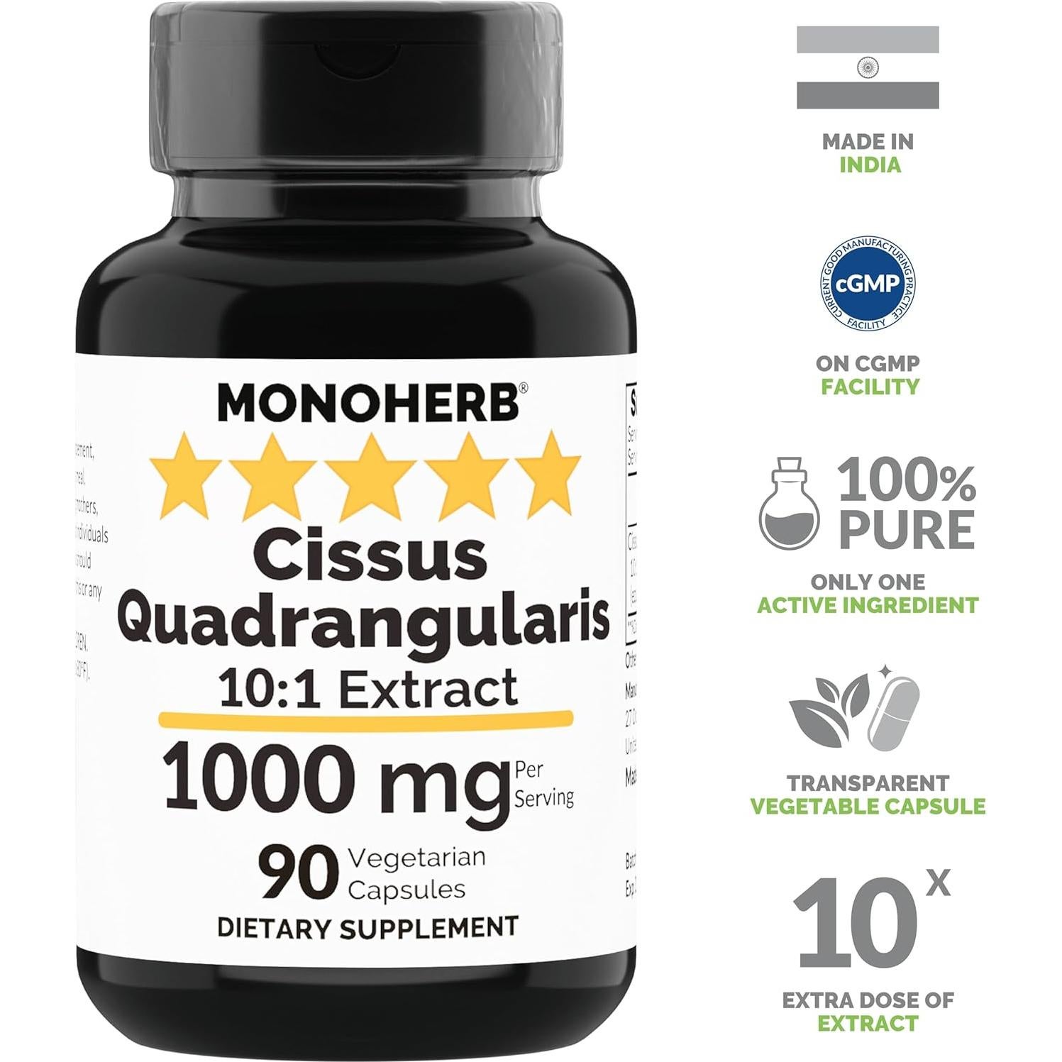 Extracto de Cissus Quadrangularis Monoherb 1000 mg - 90 Cápsulas Vegetarianas
