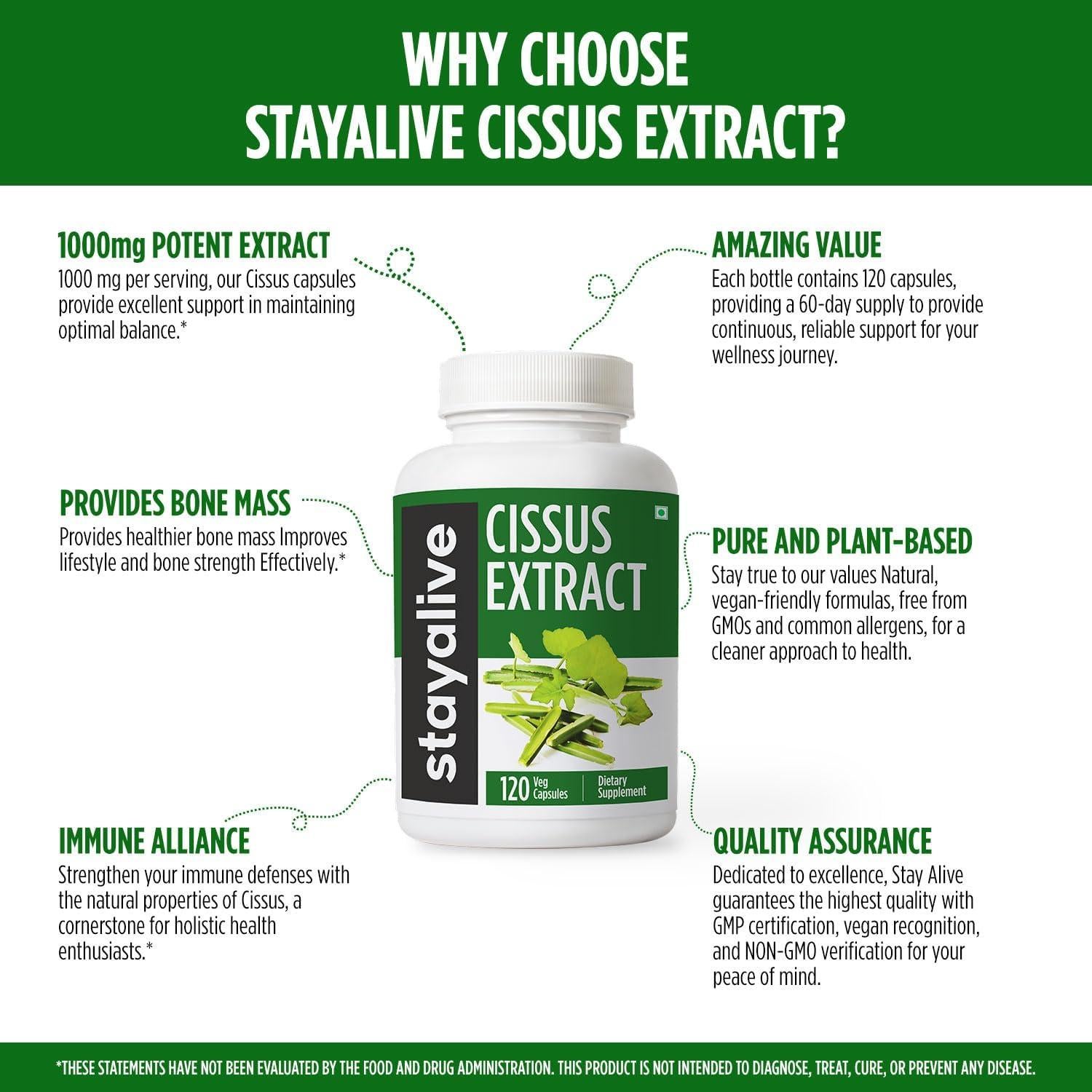 Suplemento Cissus Quadrangularis Stay Alive 1000mg 120 Cápsulas