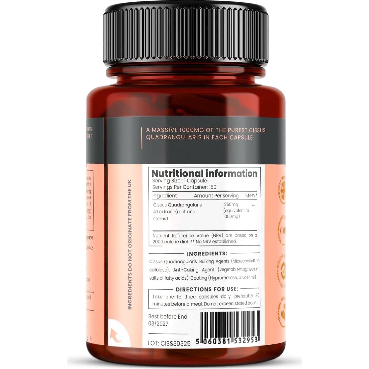 Cissus Quadrangularis Doble Fuerza 1000mg 180 Cápsulas Veganas