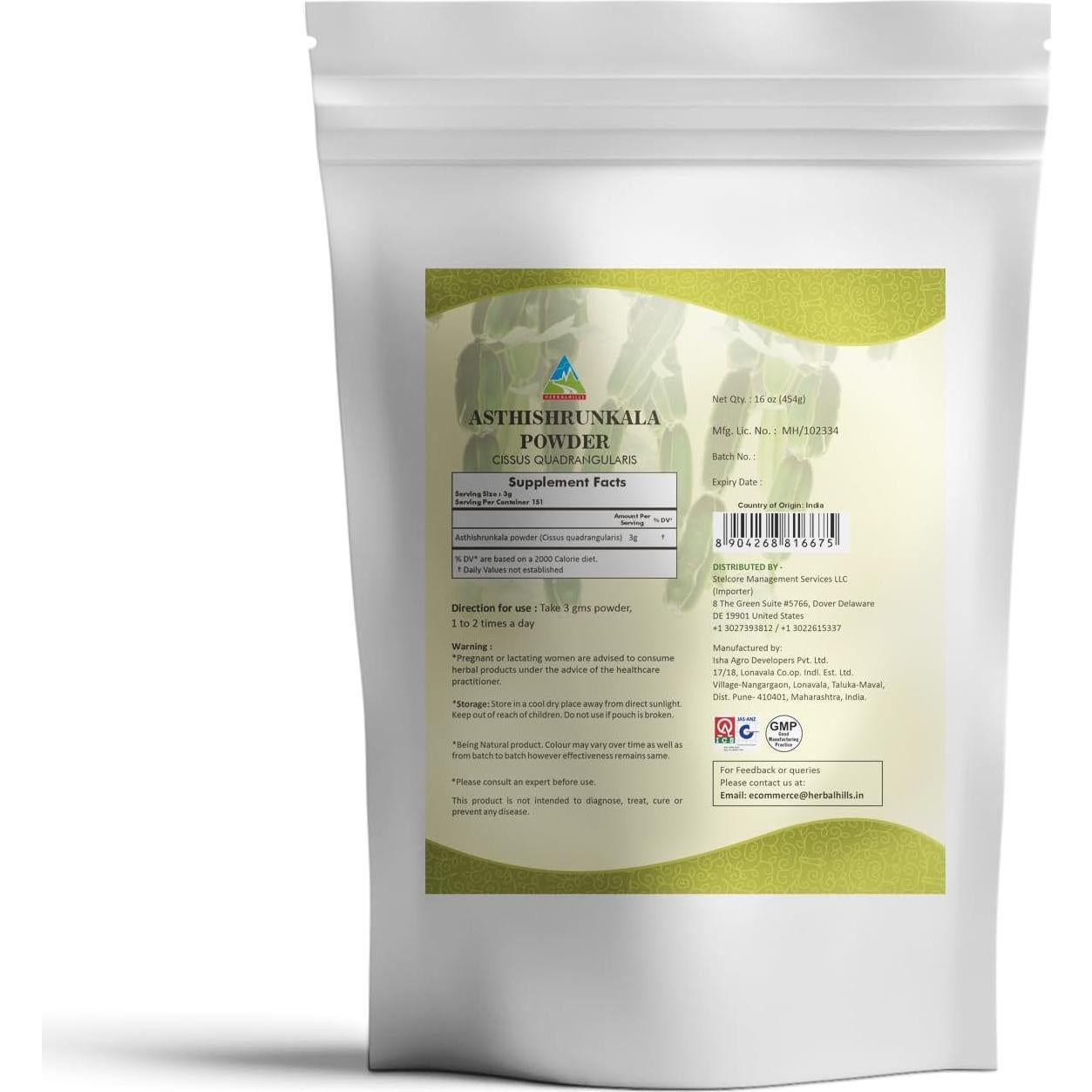 Polvo de Asthishrunkala Herbal Hills Cissus Quadrangularis 454g