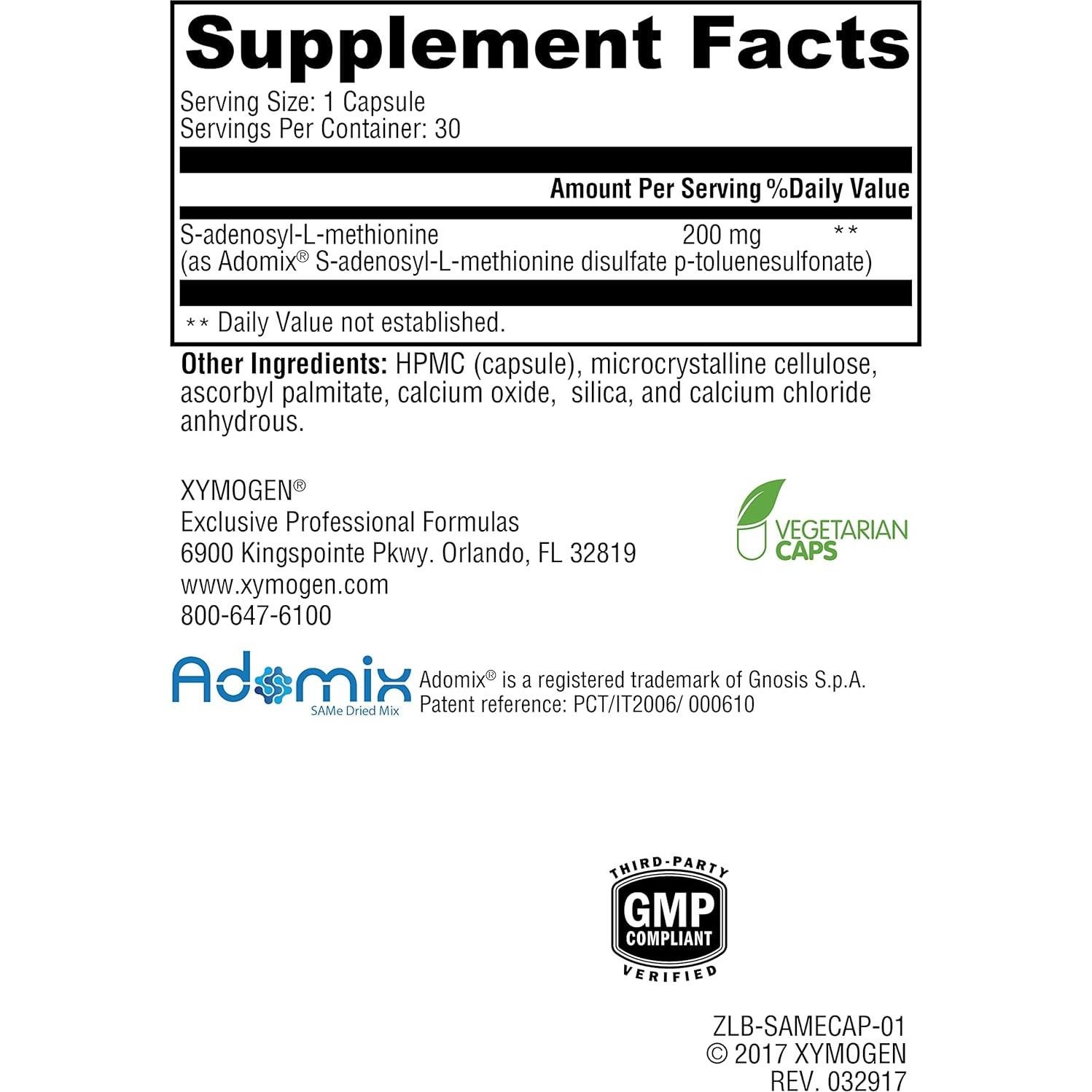 Suplemento Hepático Xymogen SAM-e 200mg Vegano 30 Cápsulas
