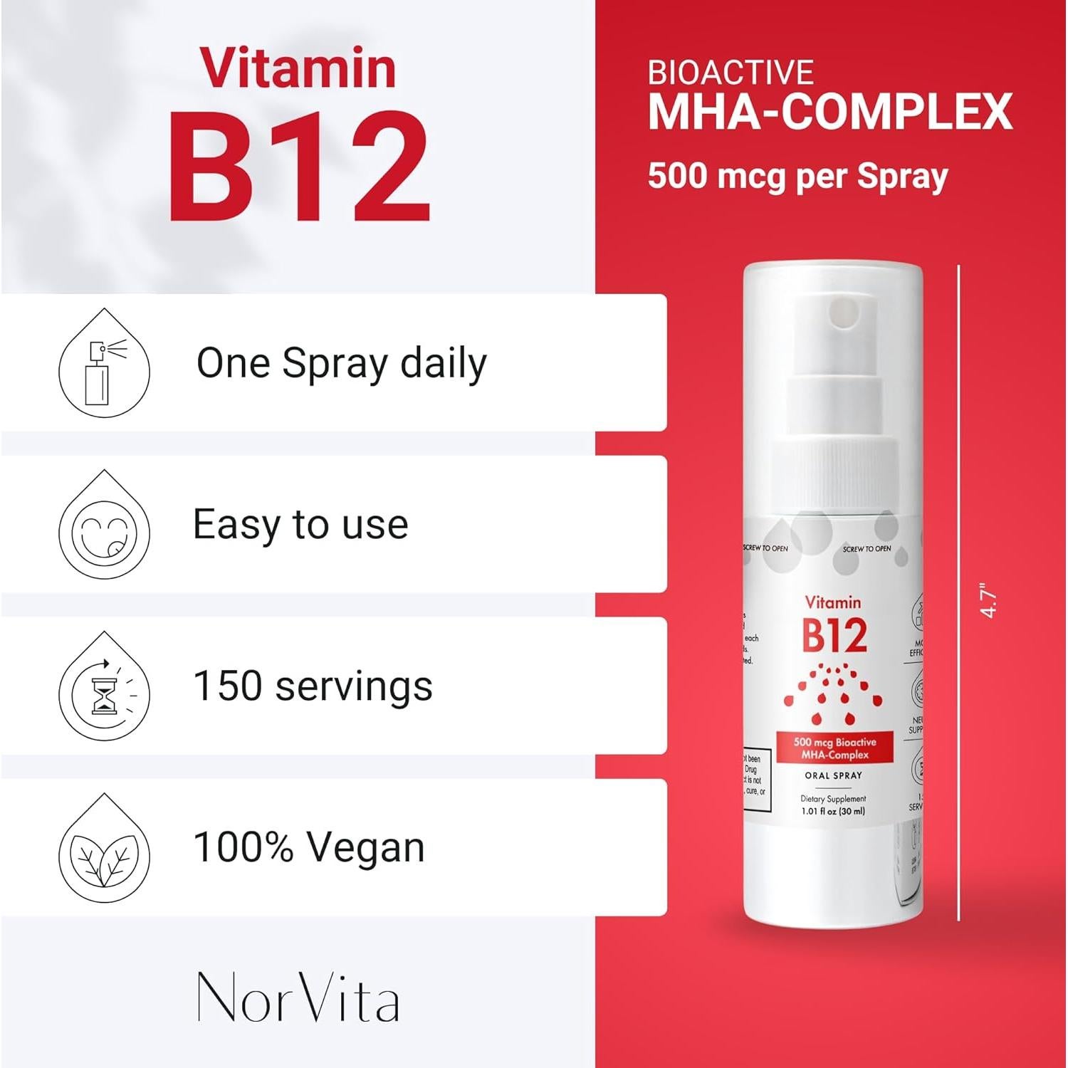 Spray de Vitamina B12 NorVita 500 mcg - 150 Porciones Vegano