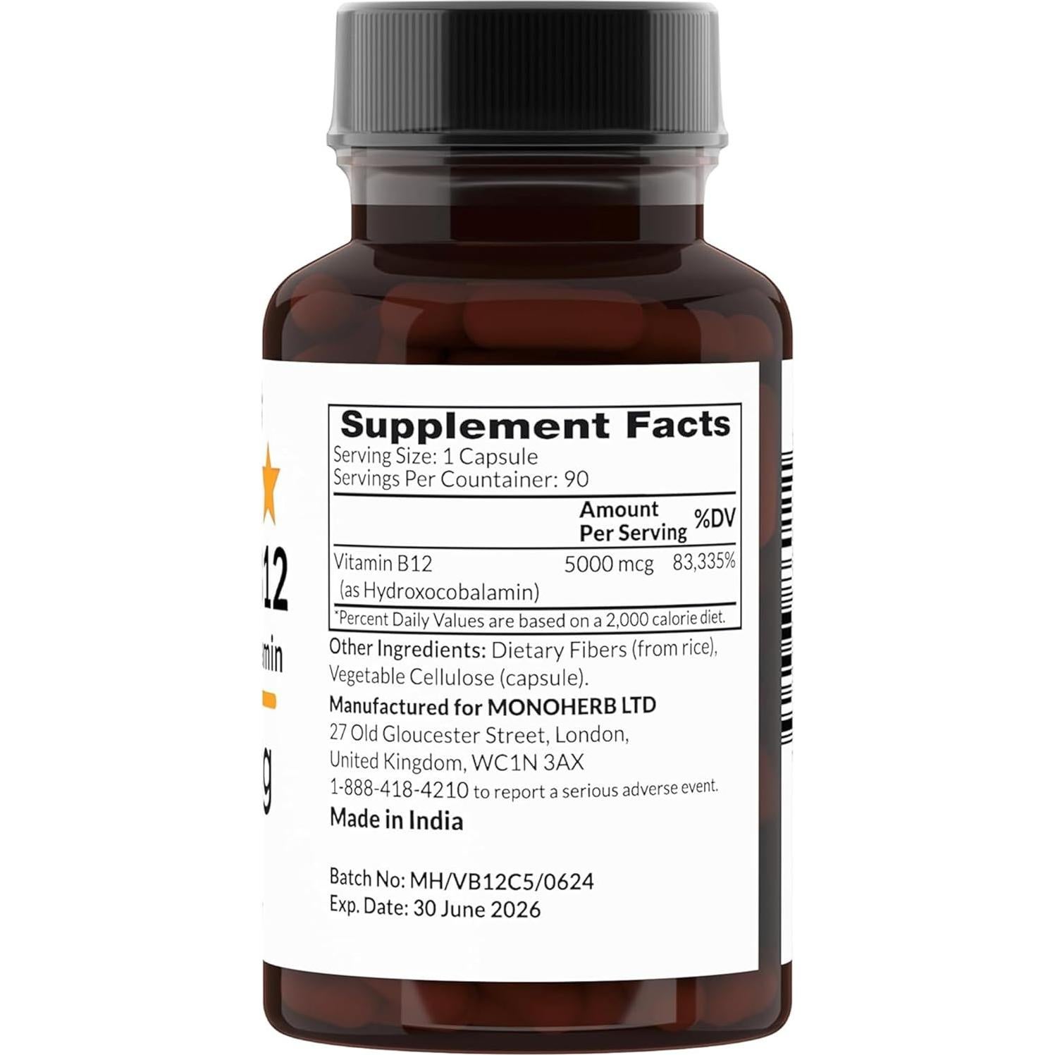 Suplemento de Vitamina B12 Hidroxocobalamina MONOHERB 5000mcg