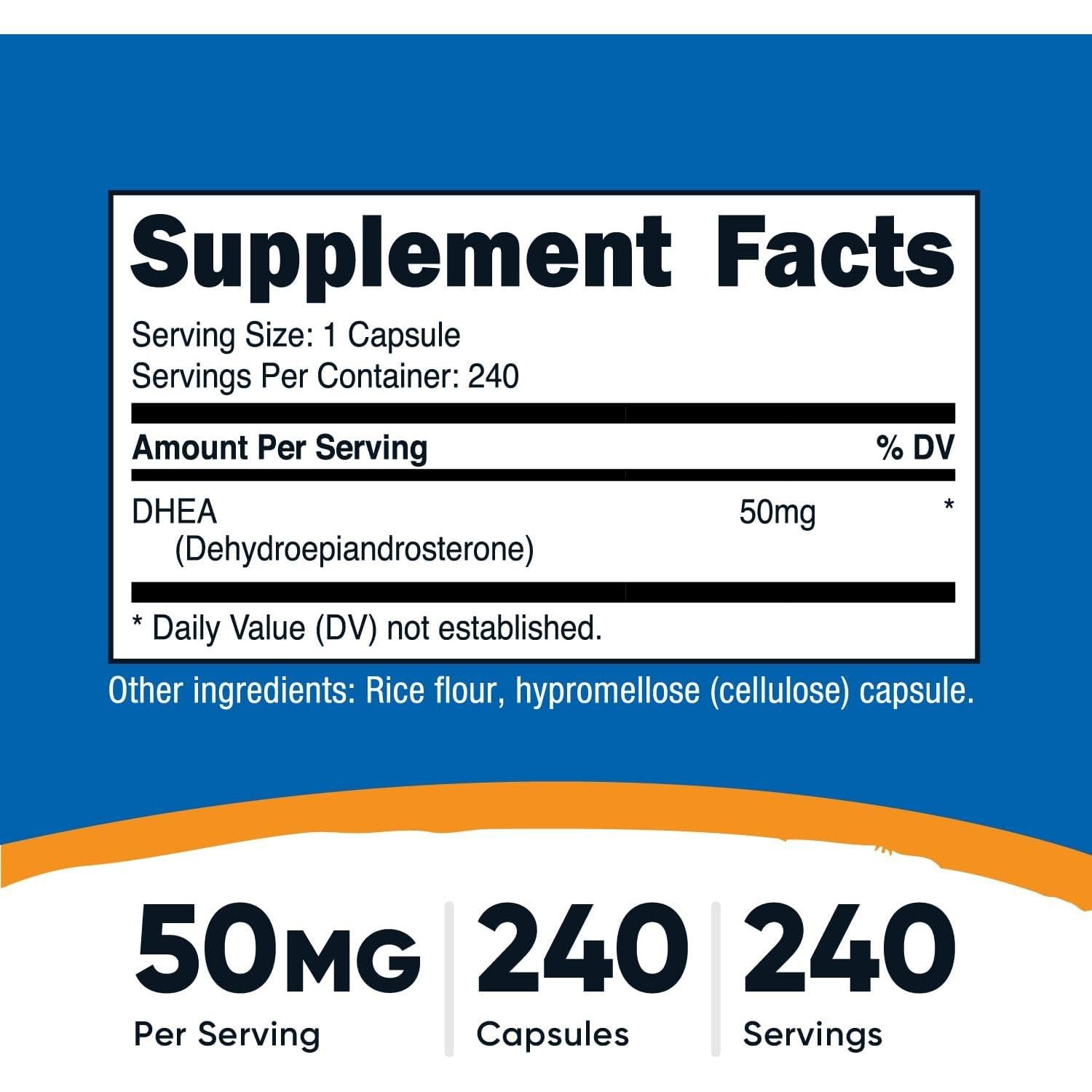 Suplemento DHEA Nutricost 50mg 240 Cápsulas Sin Gluten