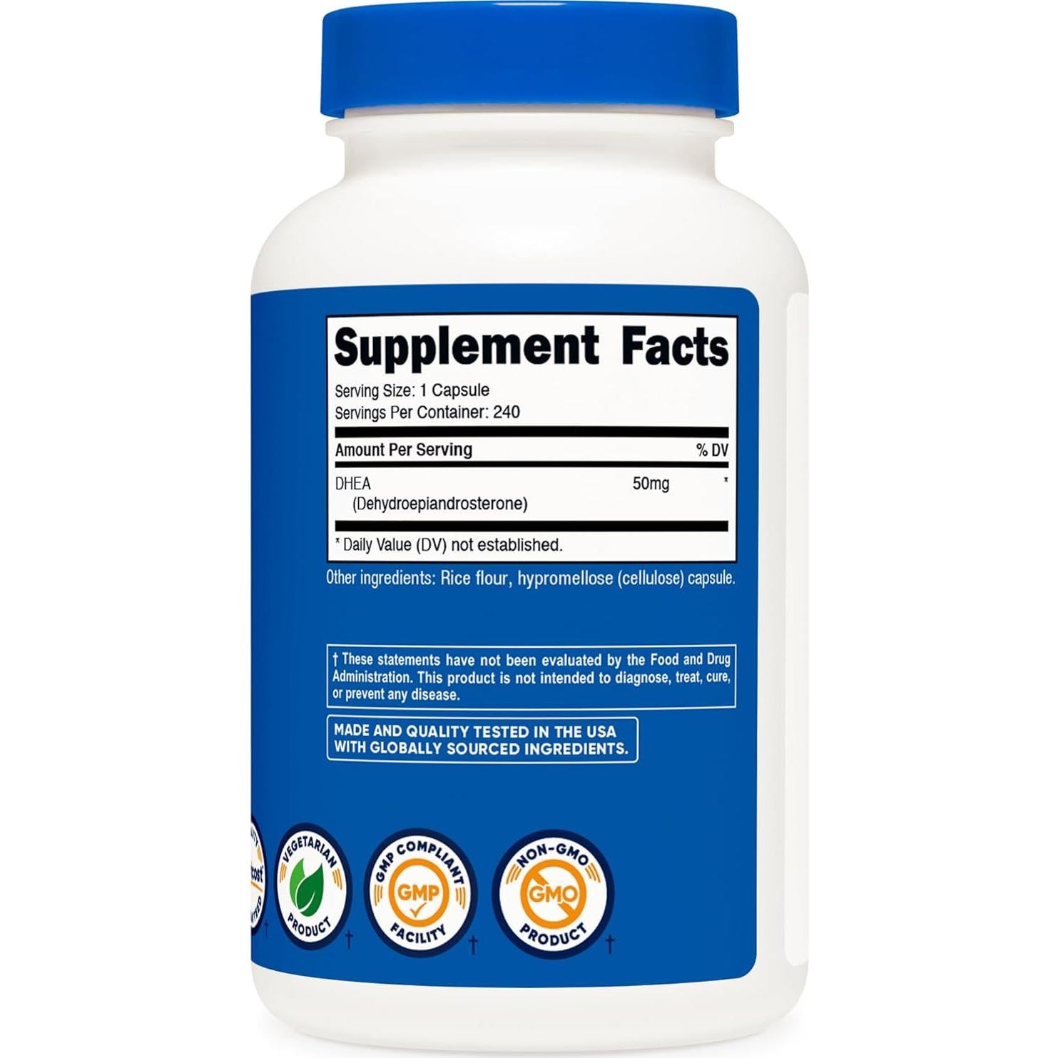 Suplemento DHEA Nutricost 50mg 240 Cápsulas Sin Gluten