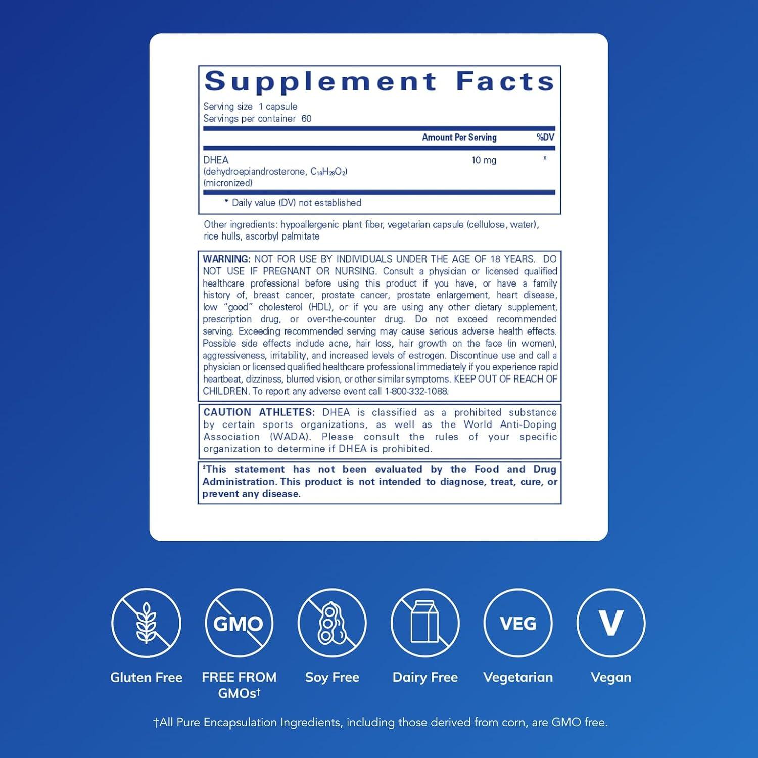 Suplemento DHEA 10 mg Pure Encapsulations - 60 Cápsulas