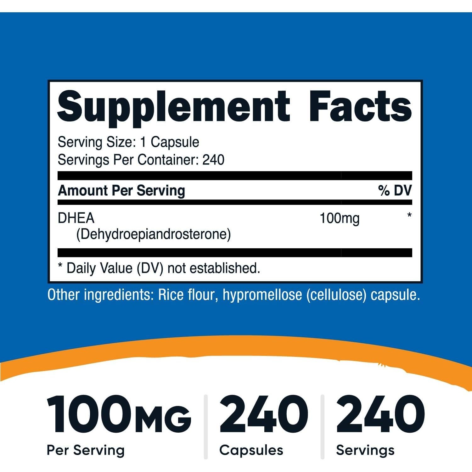 Nutricost DHEA 100mg 240 Cápsulas Suplemento Sin Gluten