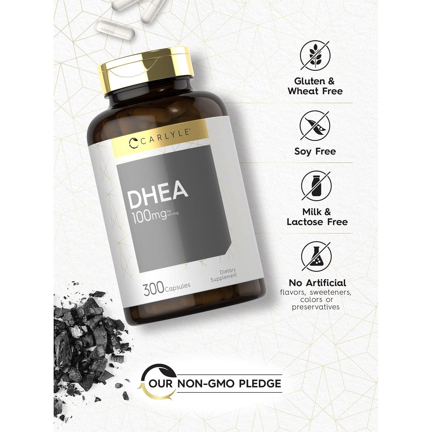 Suplemento DHEA Carlyle 100mg 300 Cápsulas Sin Gluten