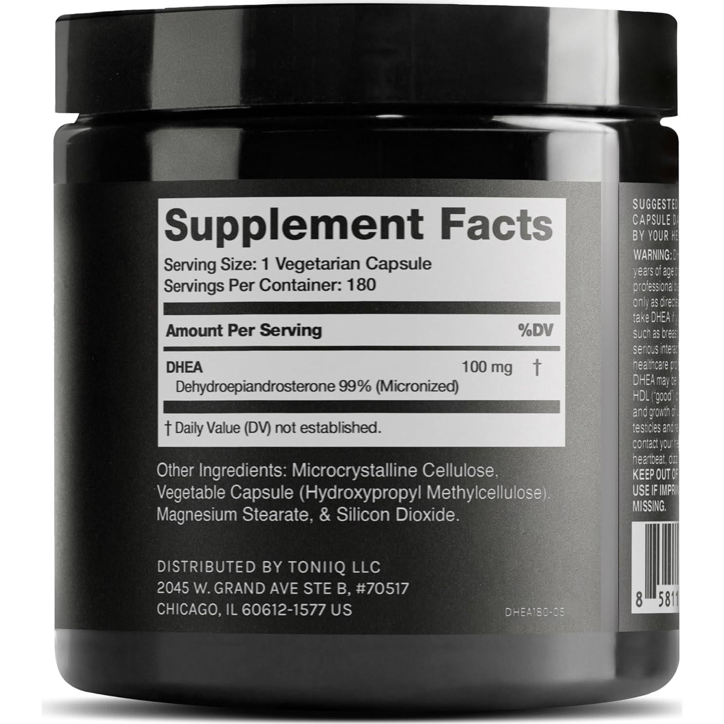 Suplemento DHEA Toniiq 100mg - 180 Cápsulas Micronizadas