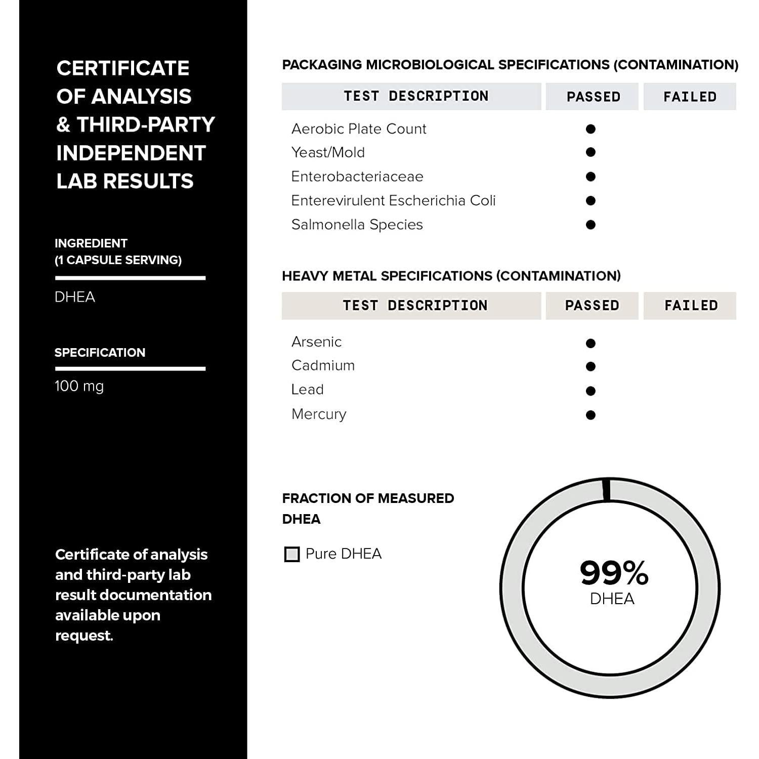 Suplemento DHEA Toniiq 100mg - 180 Cápsulas Micronizadas