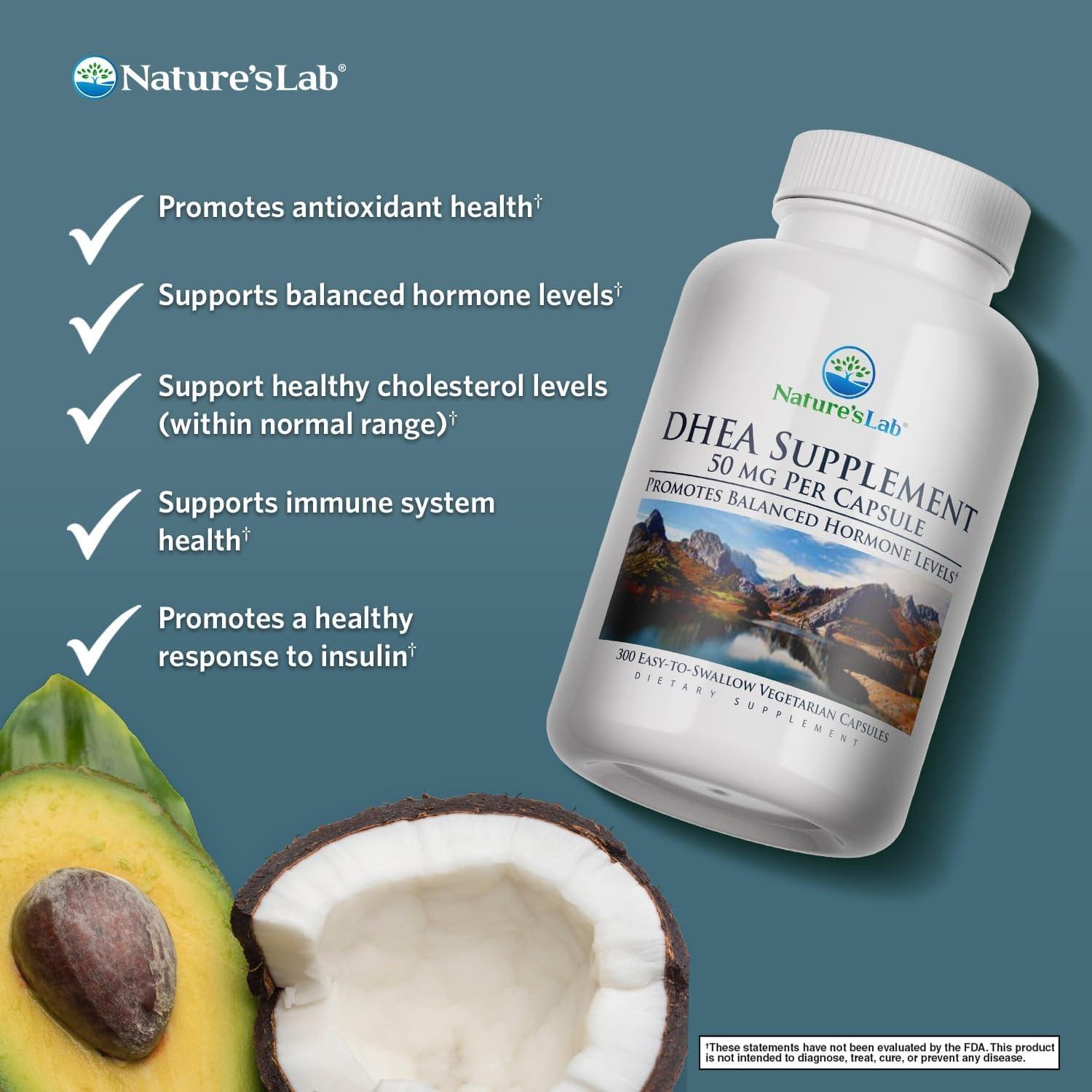Suplemento DHEA Nature's Lab 50mg - 300 Cápsulas para Energía y Equilibrio Hormonal