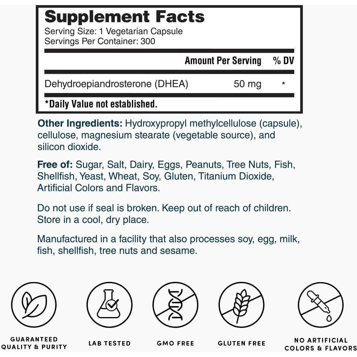 Suplemento DHEA Nature's Lab 50mg - 300 Cápsulas para Energía y Equilibrio Hormonal