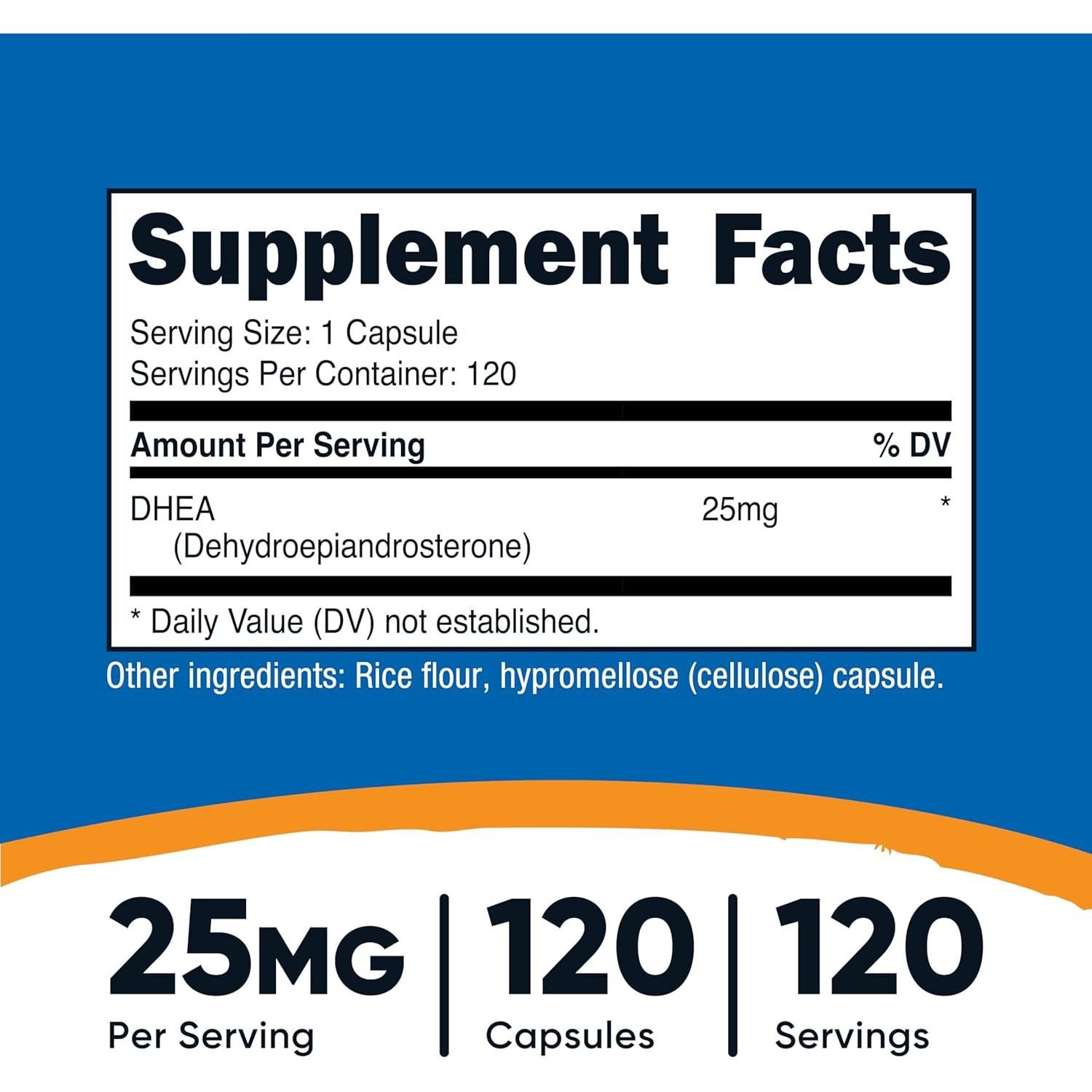 Nutricost DHEA 25mg 120 Cápsulas - Suplemento Sin Gluten y Soja