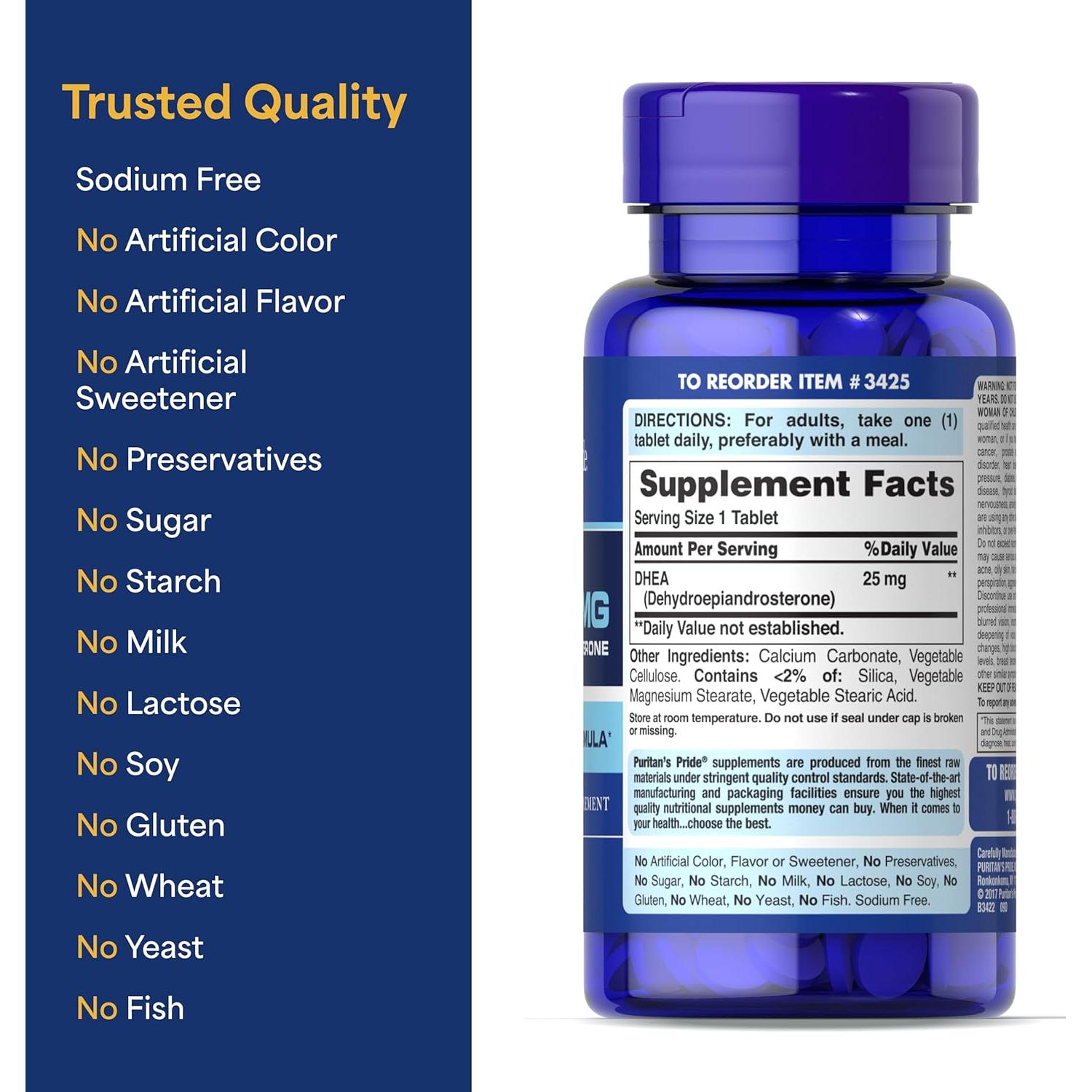 Suplemento DHEA Puritan's Pride 25mg 250 Tabletas Envejecimiento Saludable