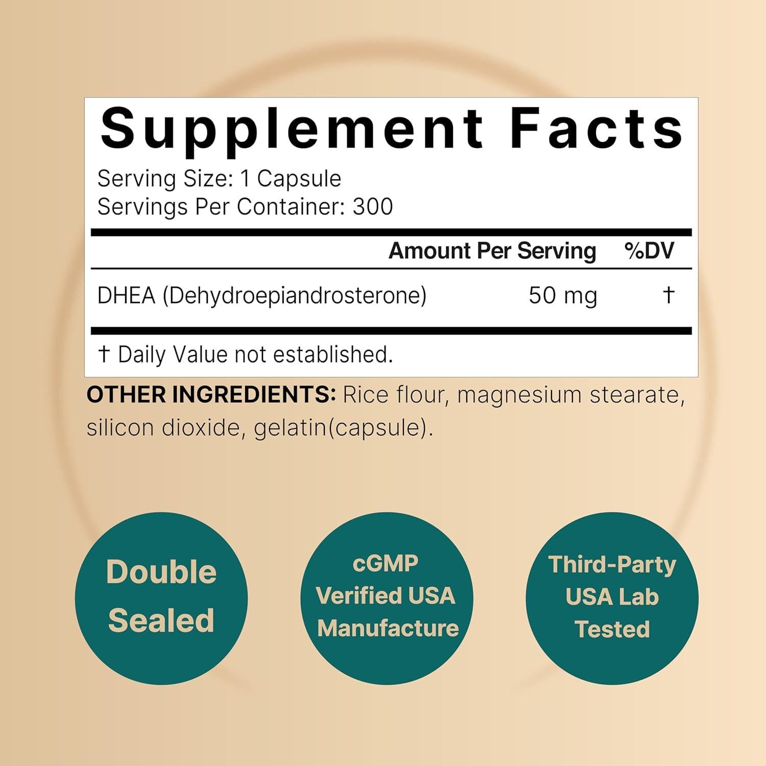 Suplemento DHEA NatureBell 50mg 300 Cápsulas Micronizadas