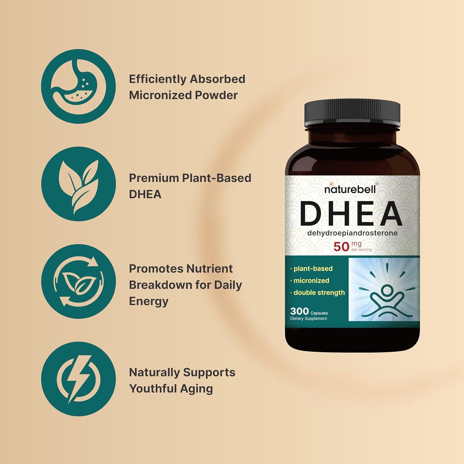 Suplemento DHEA NatureBell 50mg 300 Cápsulas Micronizadas