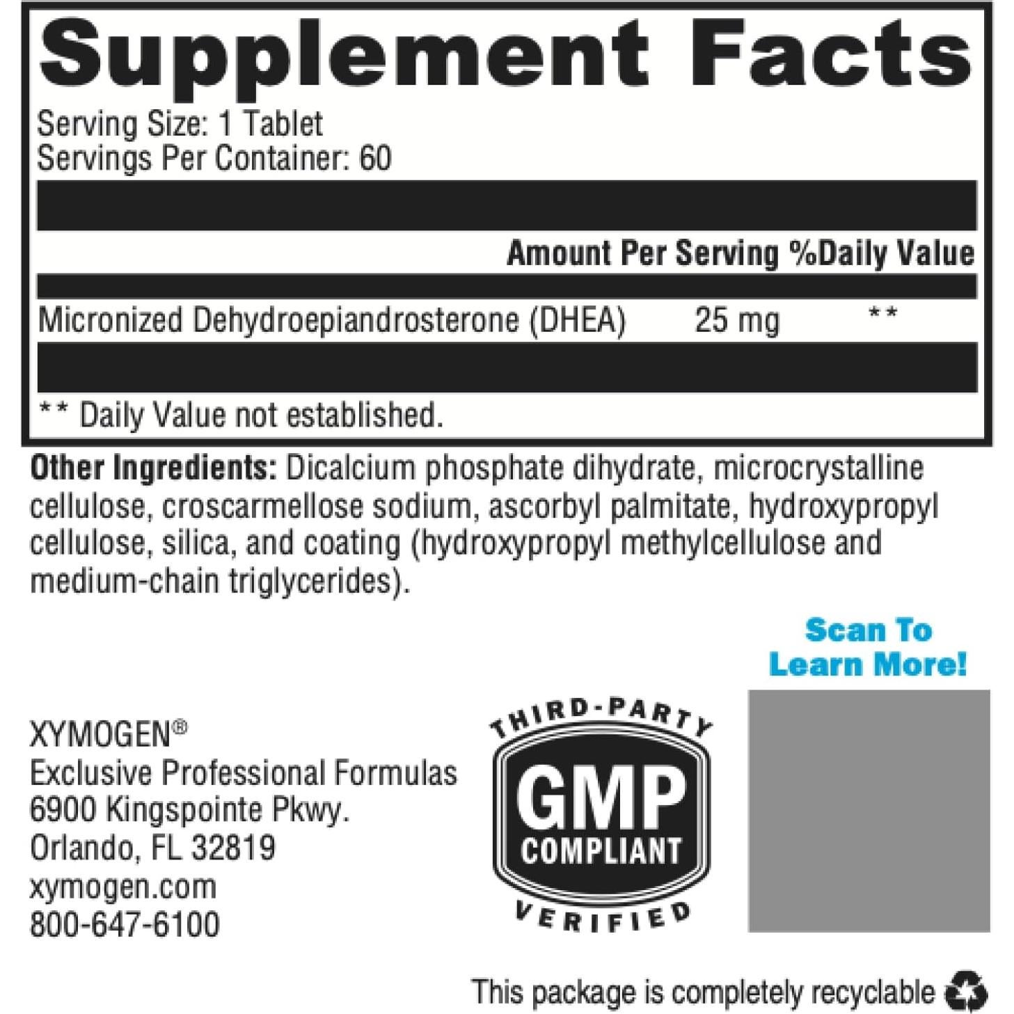 Suplemento DHEA Micronizado XYMOGEN 25 mg - 60 Tabletas