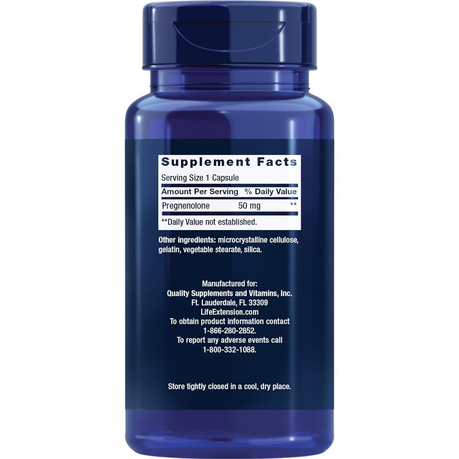 Suplemento de Pregnenolona Life Extension 50 mg, 100 Cápsulas