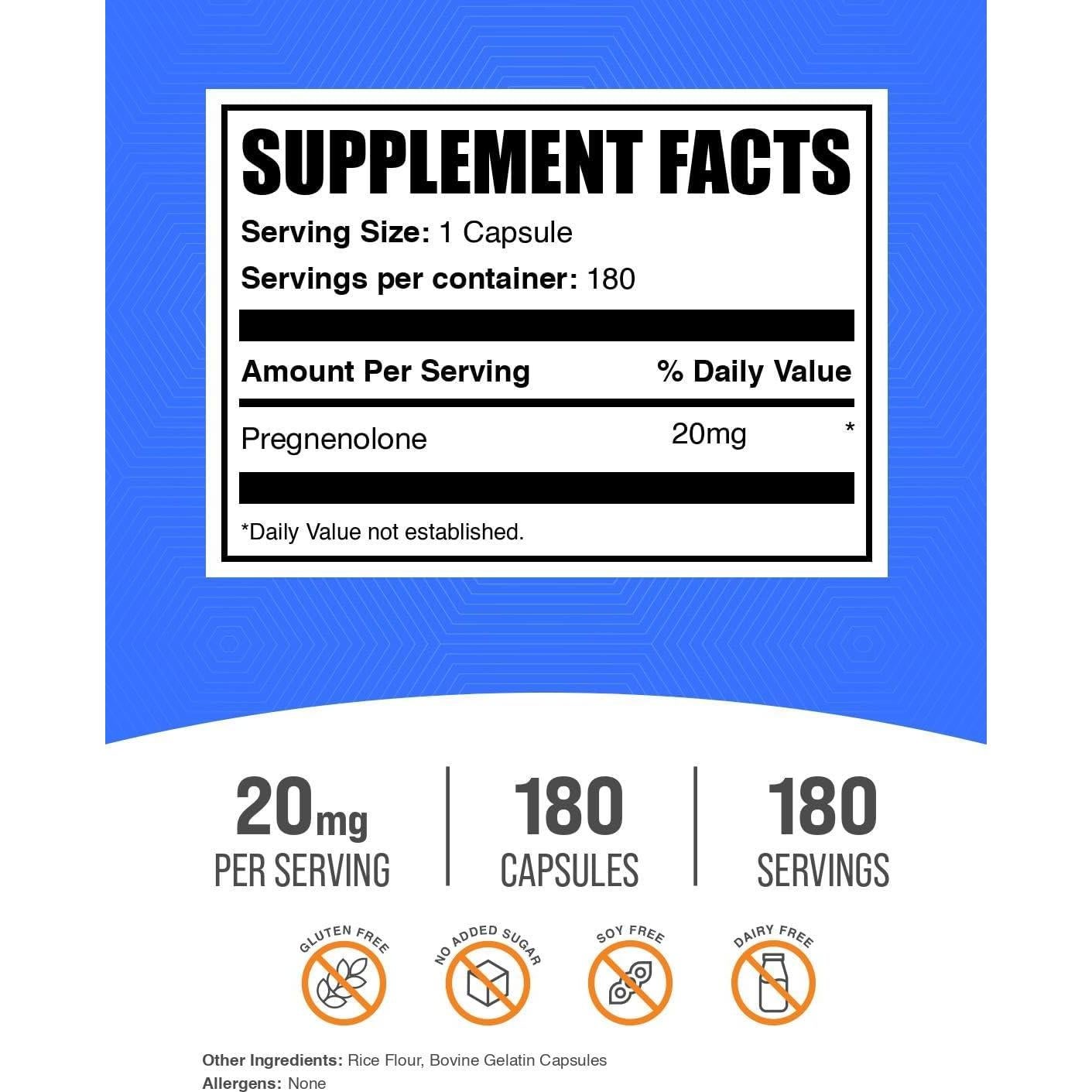 Cápsulas de Pregnenolona BulkSupplements 20mg - 180 Unidades