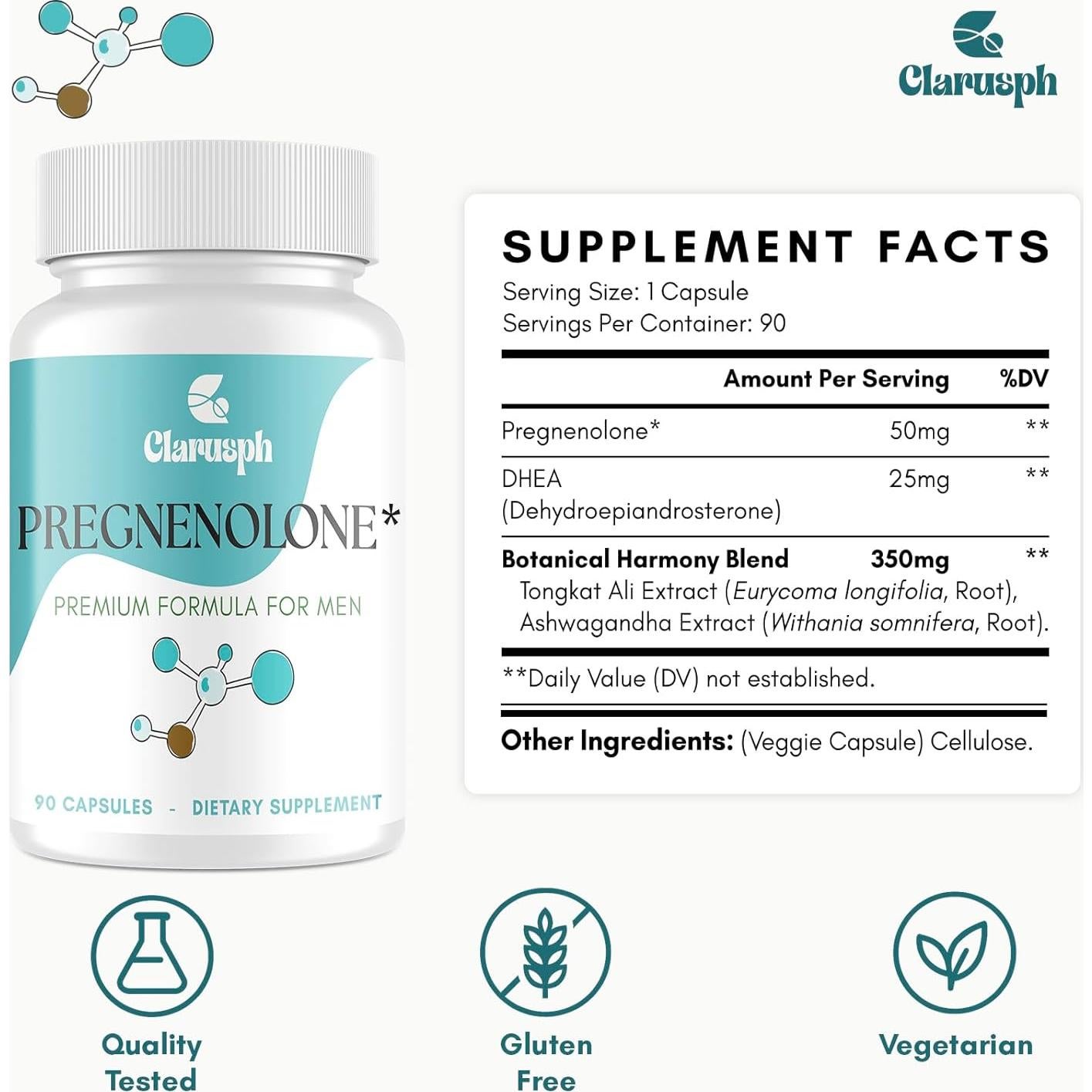 Suplemento Pregnenolona 50mg + DHEA 25mg Clarusph 180 Cápsulas