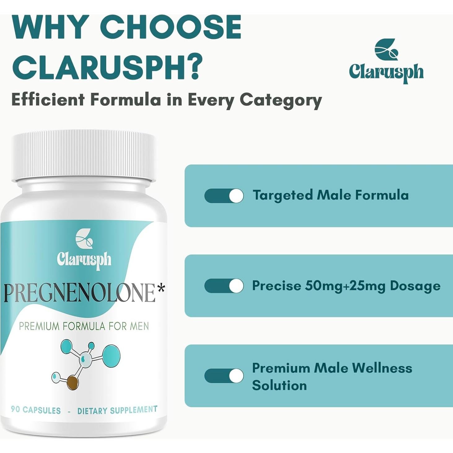 Suplemento Pregnenolona 50mg + DHEA 25mg Clarusph 180 Cápsulas