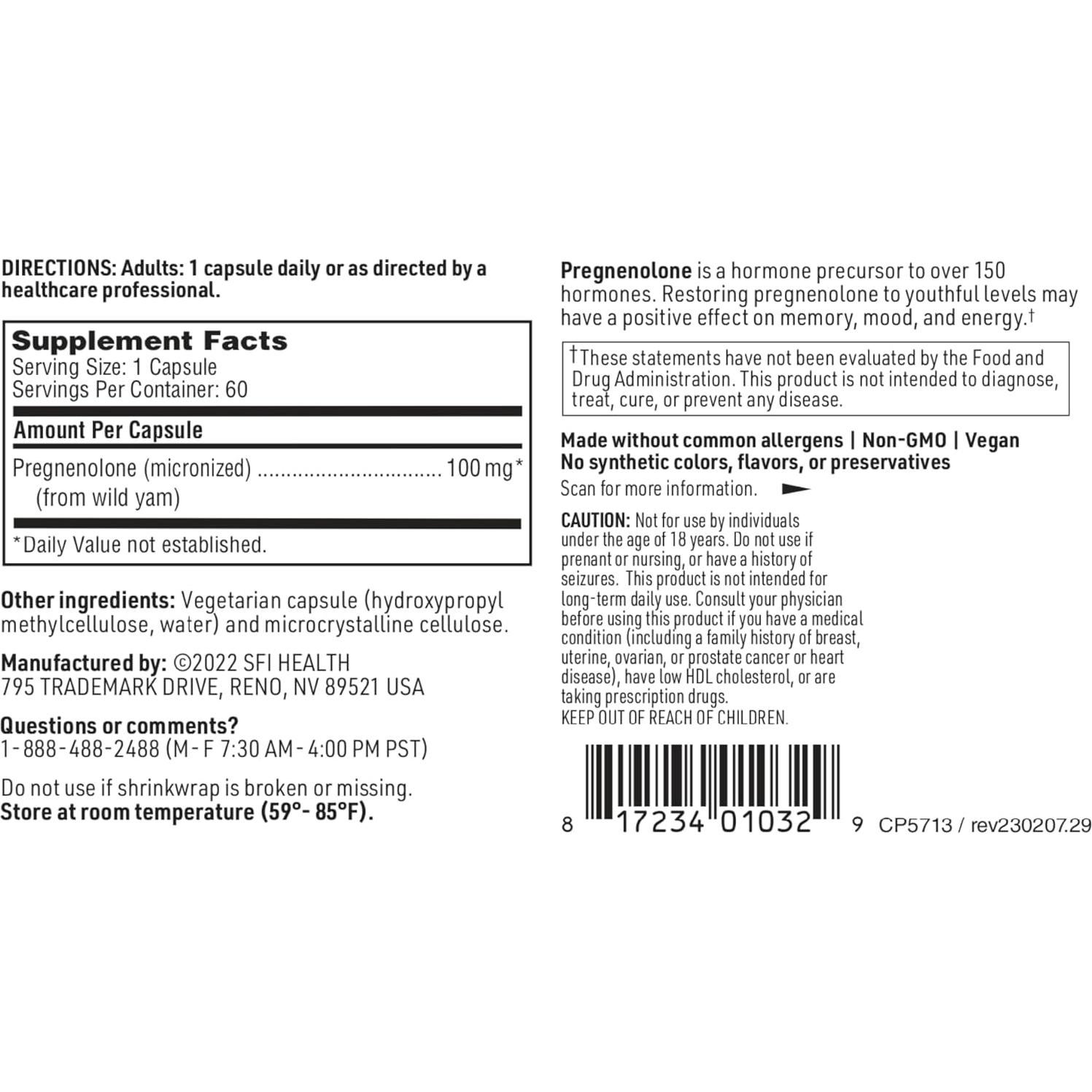 Klaire Labs Pregnenolona 100mg - Apoyo Memoria y Energía - 60 Cápsulas