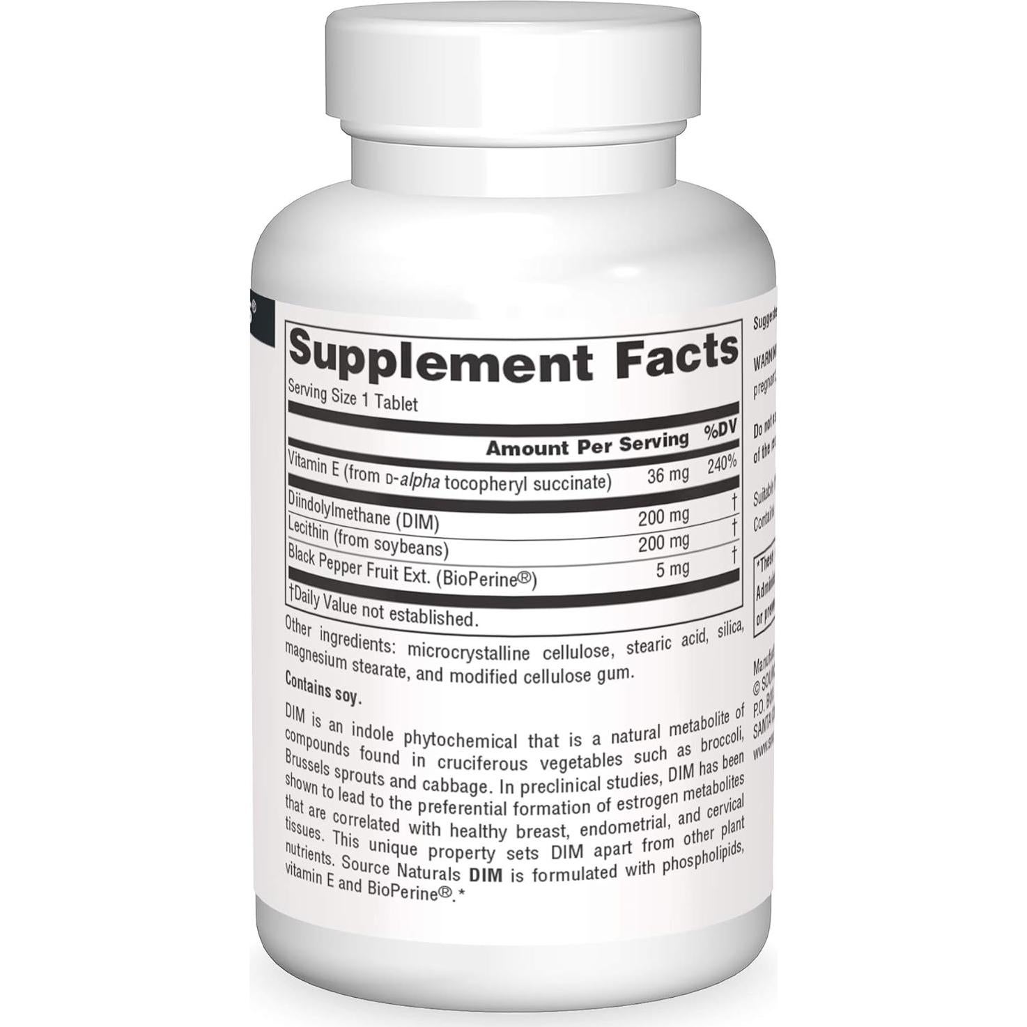 Source Naturals DIM 200mg con BioPerine y Vitamina E - 30 Tabletas