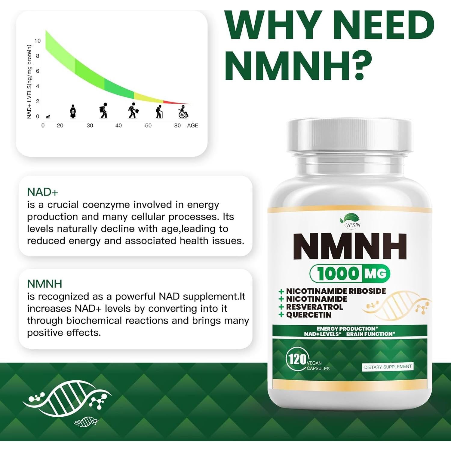 Suplemento NMNH 1000mg VPKIN - 120 Cápsulas Veganas