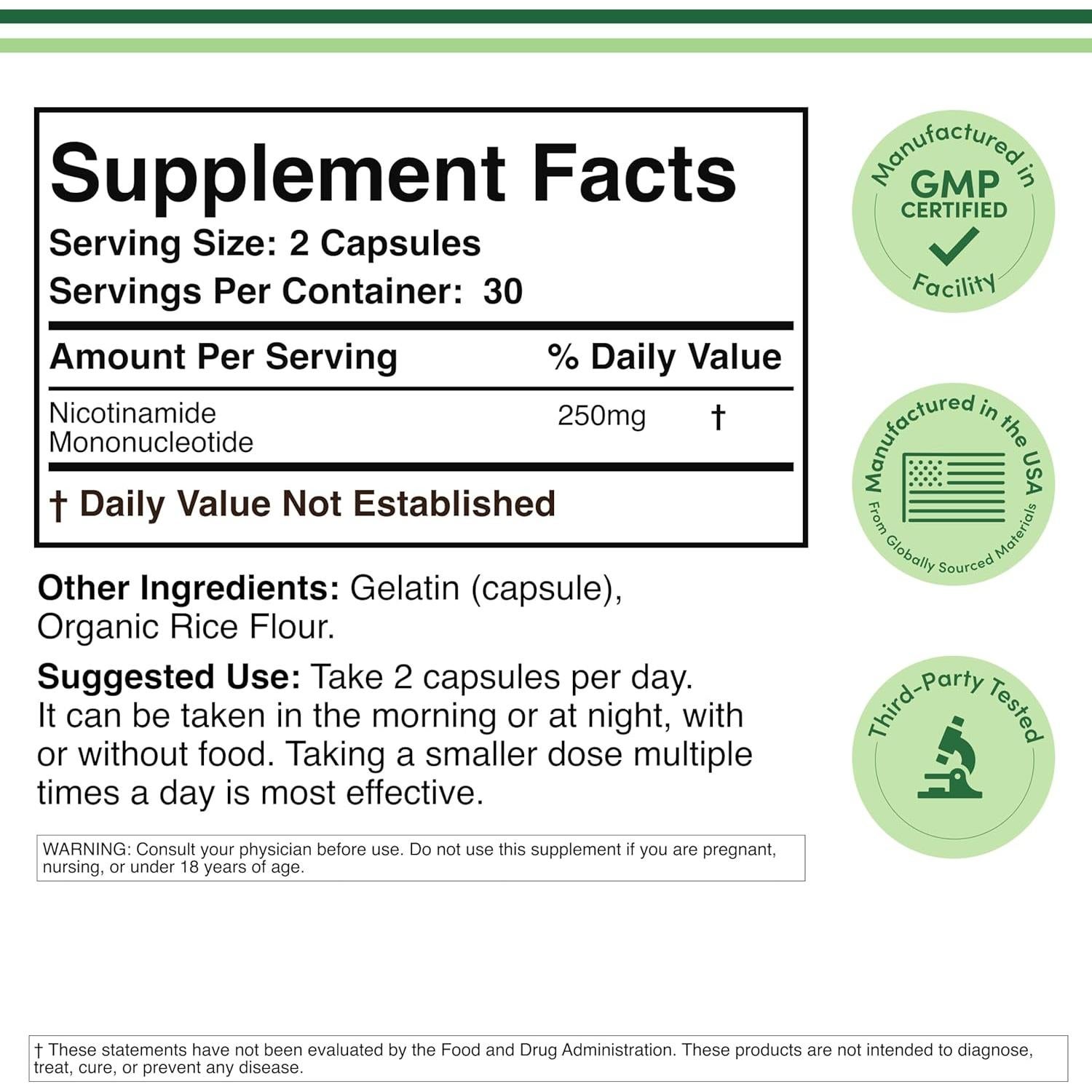 Suplemento NMN Double Wood 250mg - 60 Cápsulas Sin Gluten