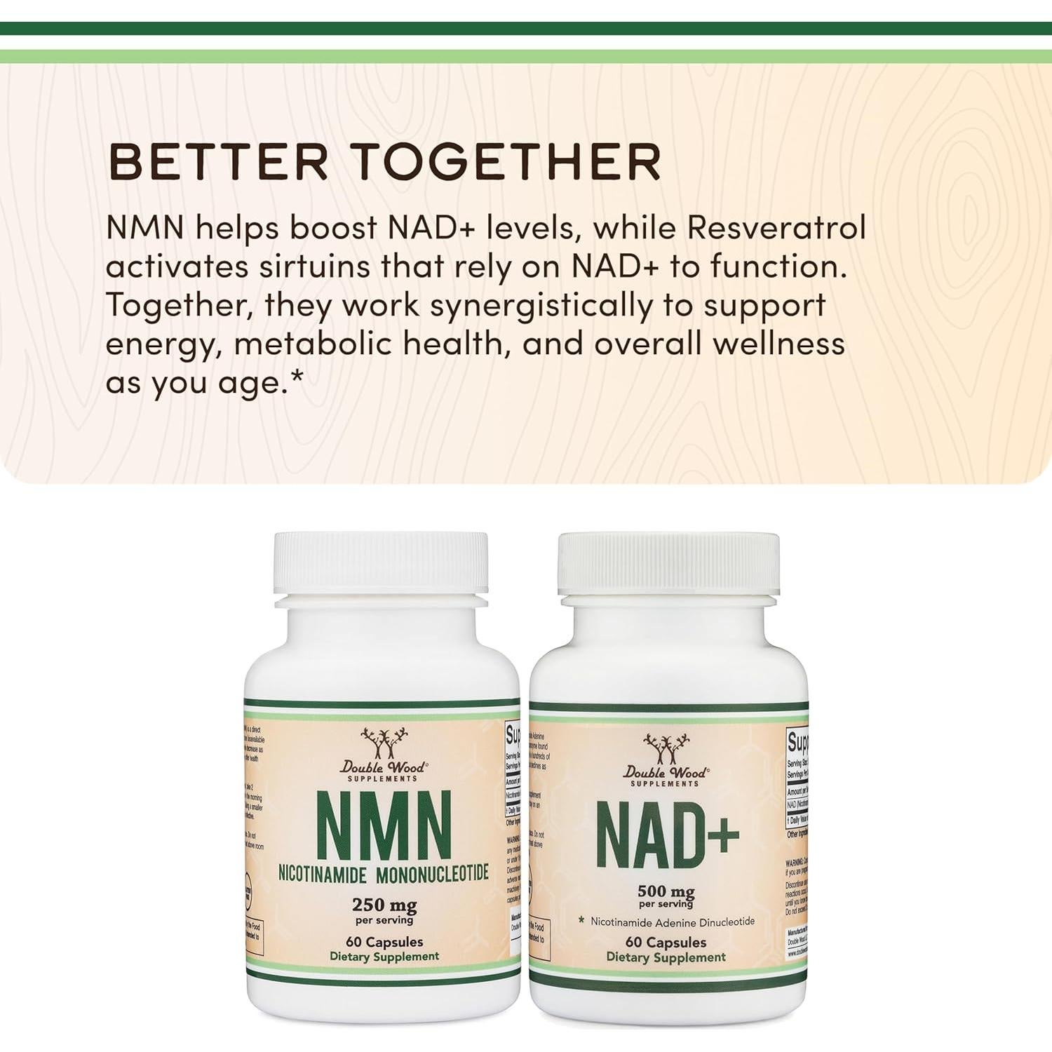 Suplemento NMN Double Wood 250mg - 60 Cápsulas Sin Gluten