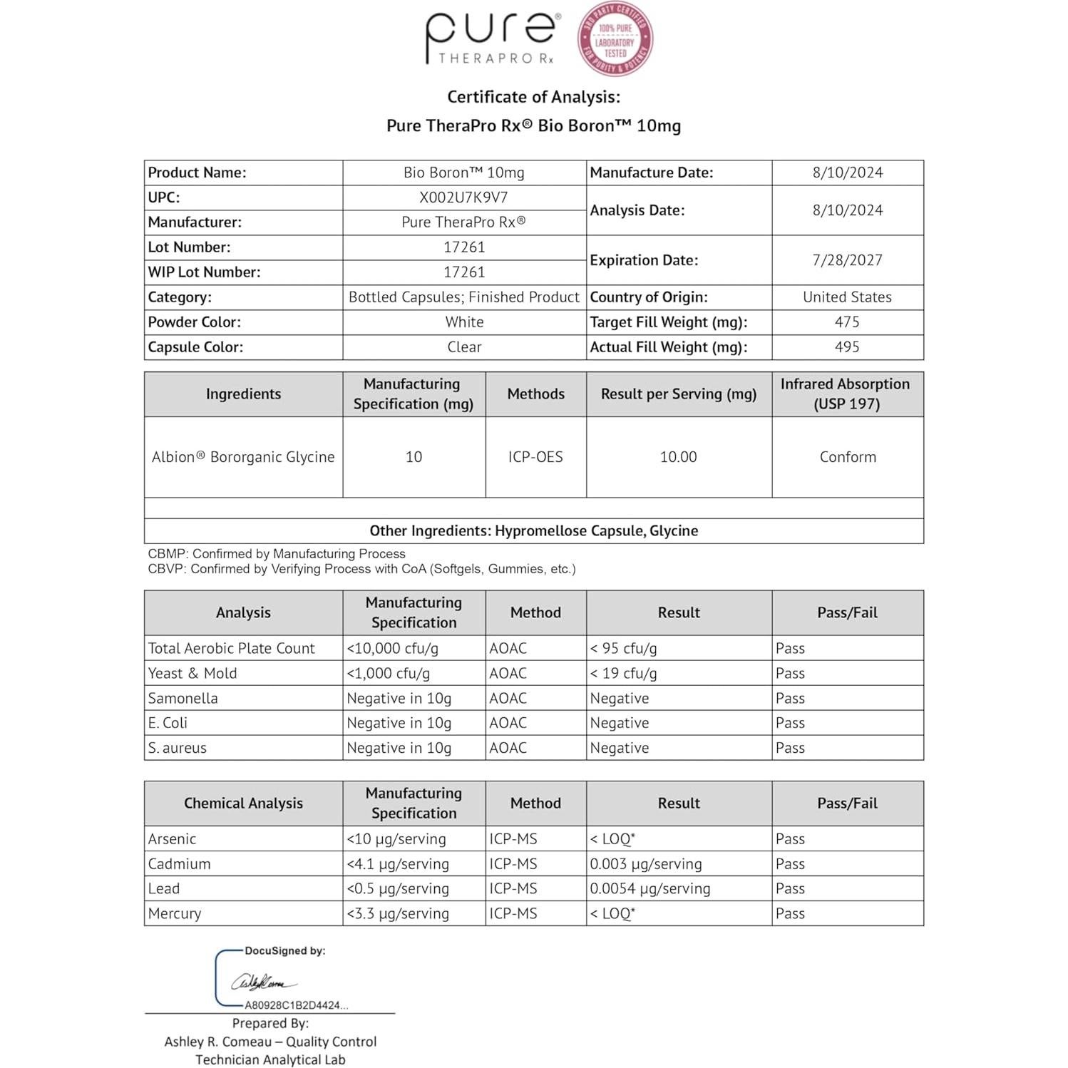 Suplemento de Boro Orgánico Pure TheraPro Rx 10mg - 90 Cápsulas