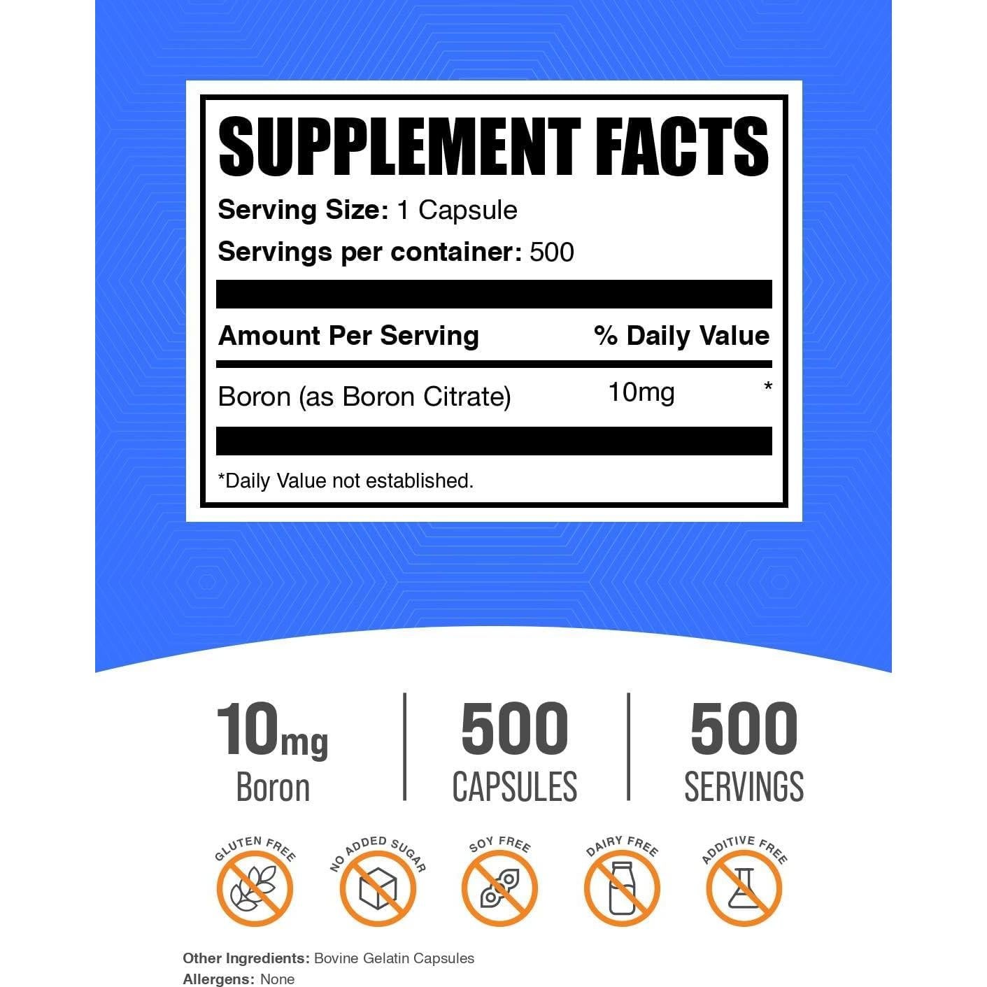 Cápsulas de Boro BulkSupplements 10mg - 500 Conteo Sin Gluten