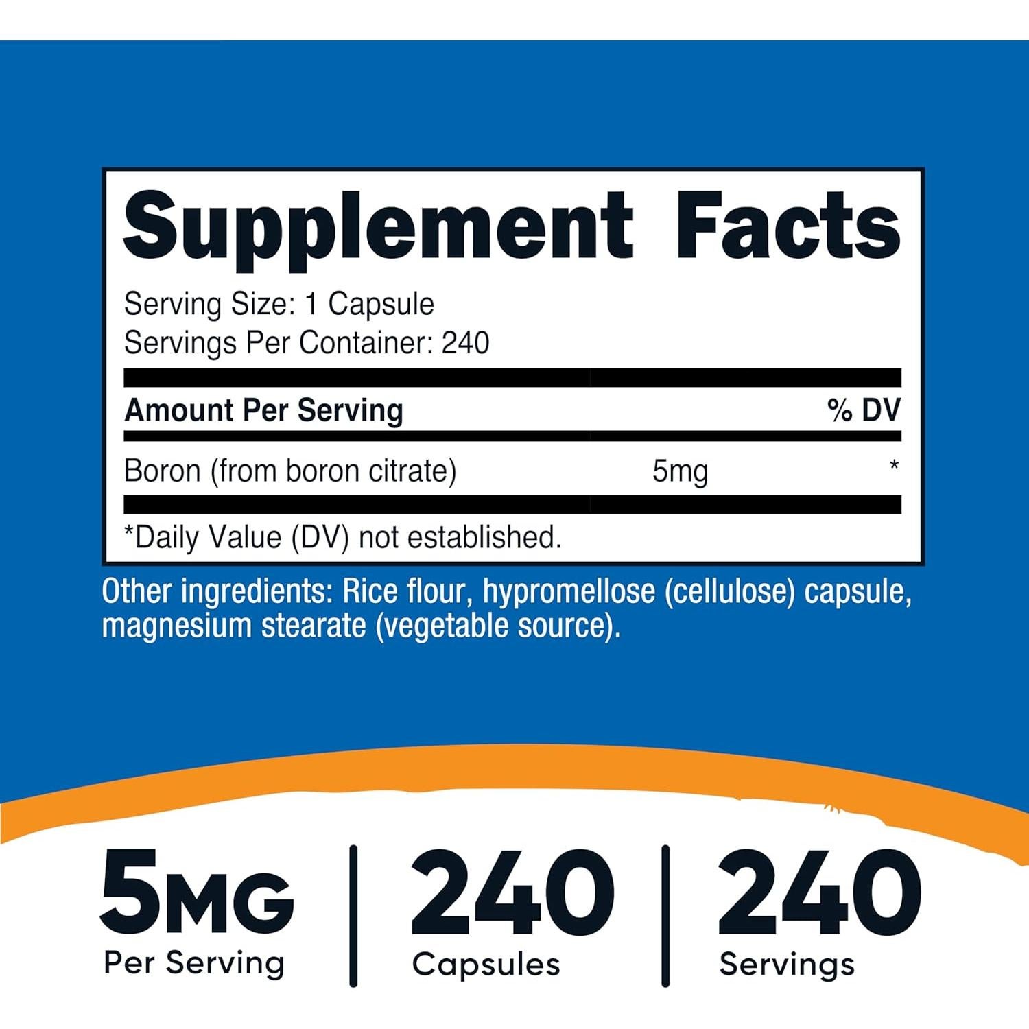 Cápsulas de Boro Nutricost 5mg - 240 Vegetarianas Sin Gluten