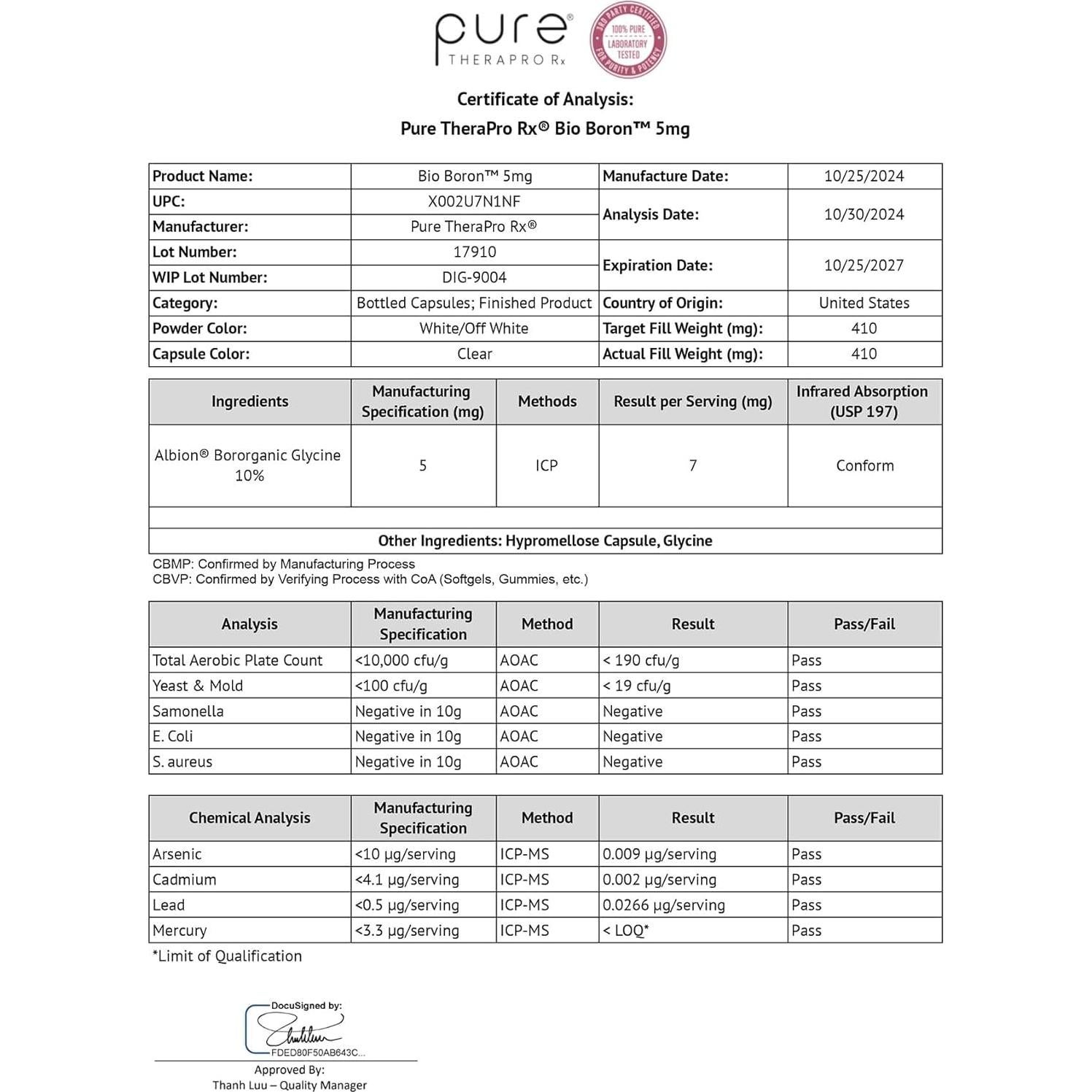 Suplemento de Boro Pure TheraPro Rx 5mg 180 Cápsulas Veganas