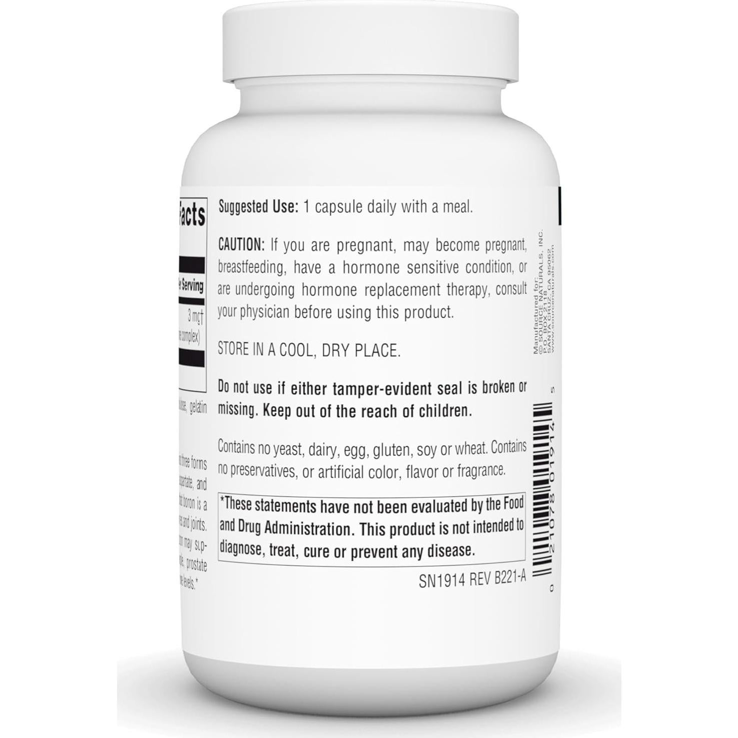 Suplemento de Boro Source Naturals 200 Cápsulas 3 mg