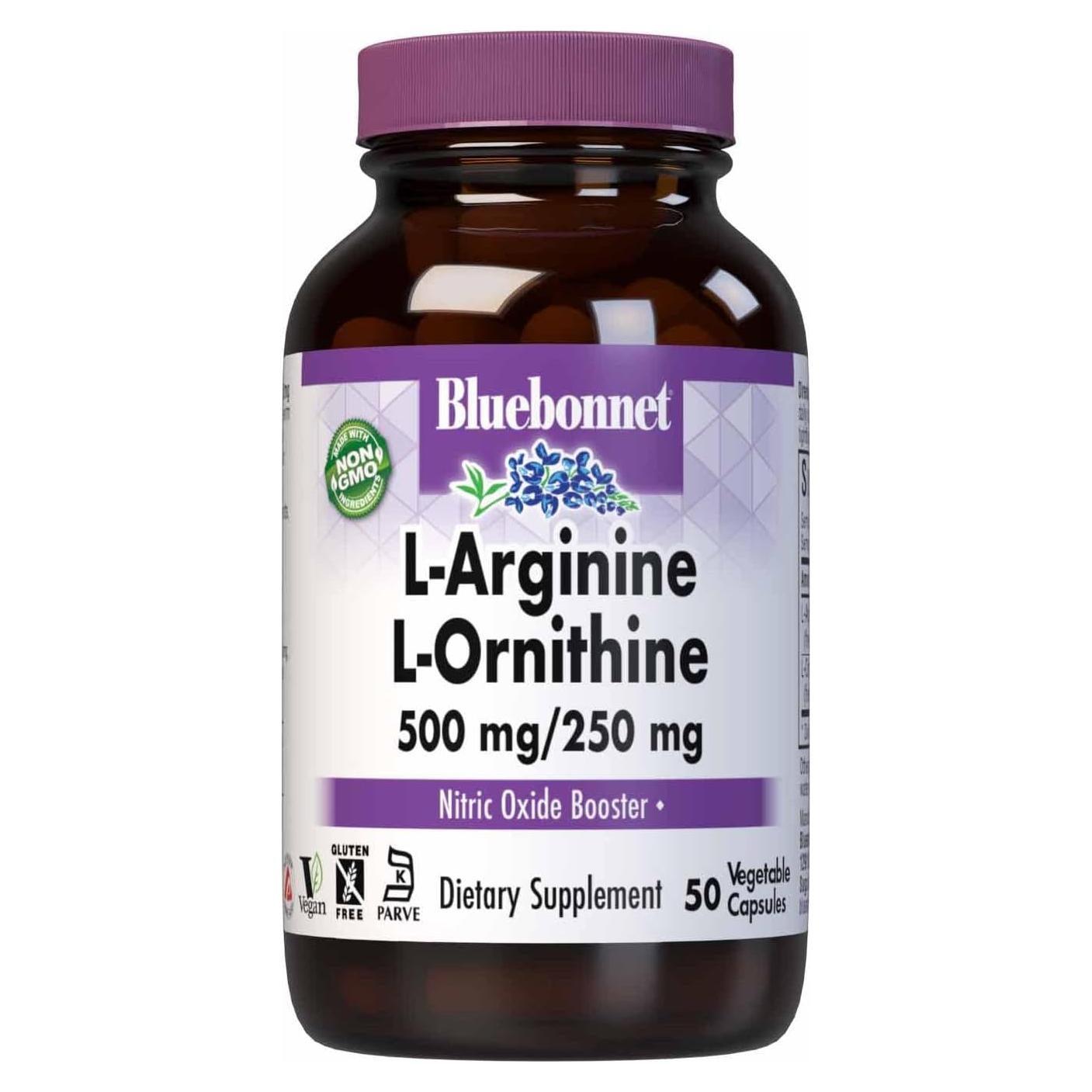 Suplemento L-Arginina 500mg y L-Ornitina 250mg Bluebonnet - 50 Cápsulas Veganas