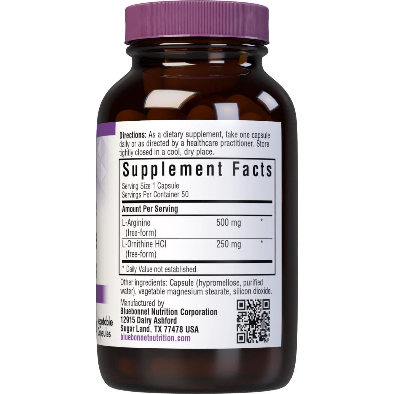 Suplemento L-Arginina 500mg y L-Ornitina 250mg Bluebonnet - 50 Cápsulas Veganas