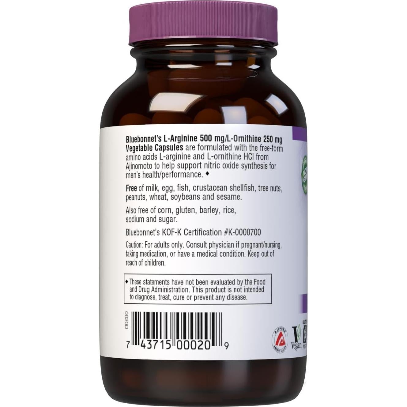 Suplemento L-Arginina 500mg y L-Ornitina 250mg Bluebonnet - 50 Cápsulas Veganas