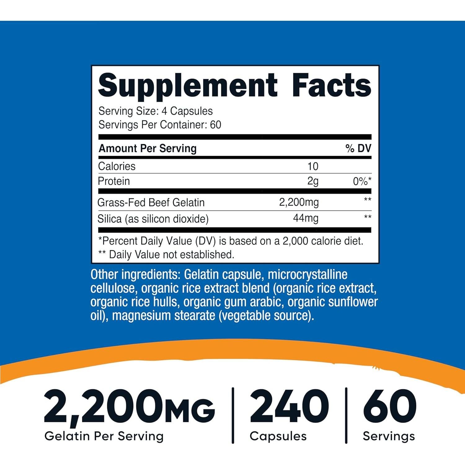 Gelatina Nutricost 240 Cápsulas 2200mg Res Alimentada Pasto