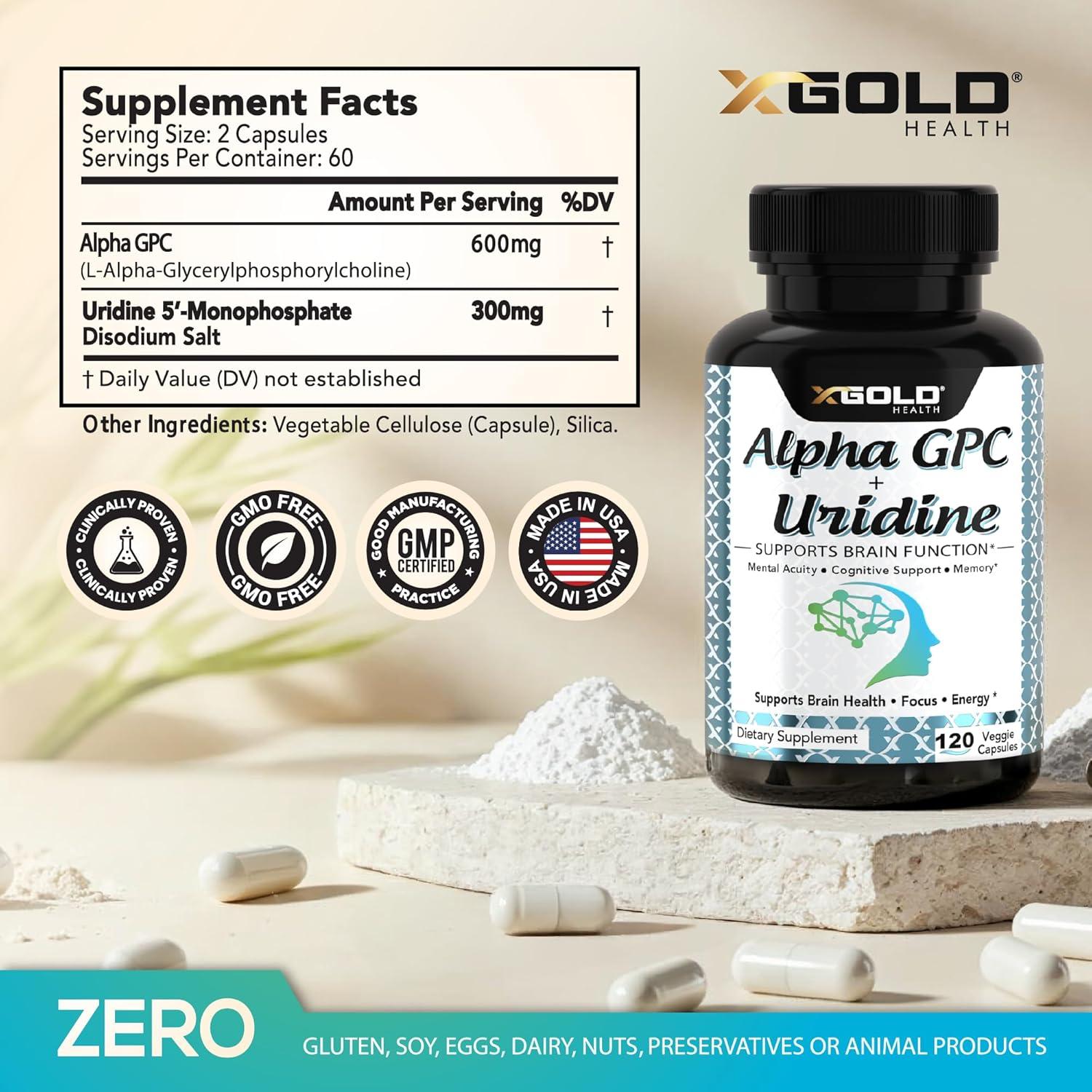 Alpha GPC + Uridina 900mg - Nootrópico para Enfoque y Memoria - 120 Cápsulas Vegetarianas