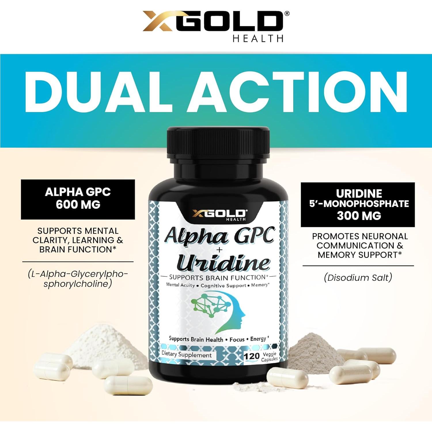 Alpha GPC + Uridina 900mg - Nootrópico para Enfoque y Memoria - 120 Cápsulas Vegetarianas