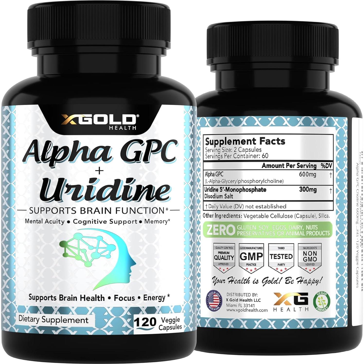 Alpha GPC + Uridina 900mg - Nootrópico para Enfoque y Memoria - 120 Cápsulas Vegetarianas