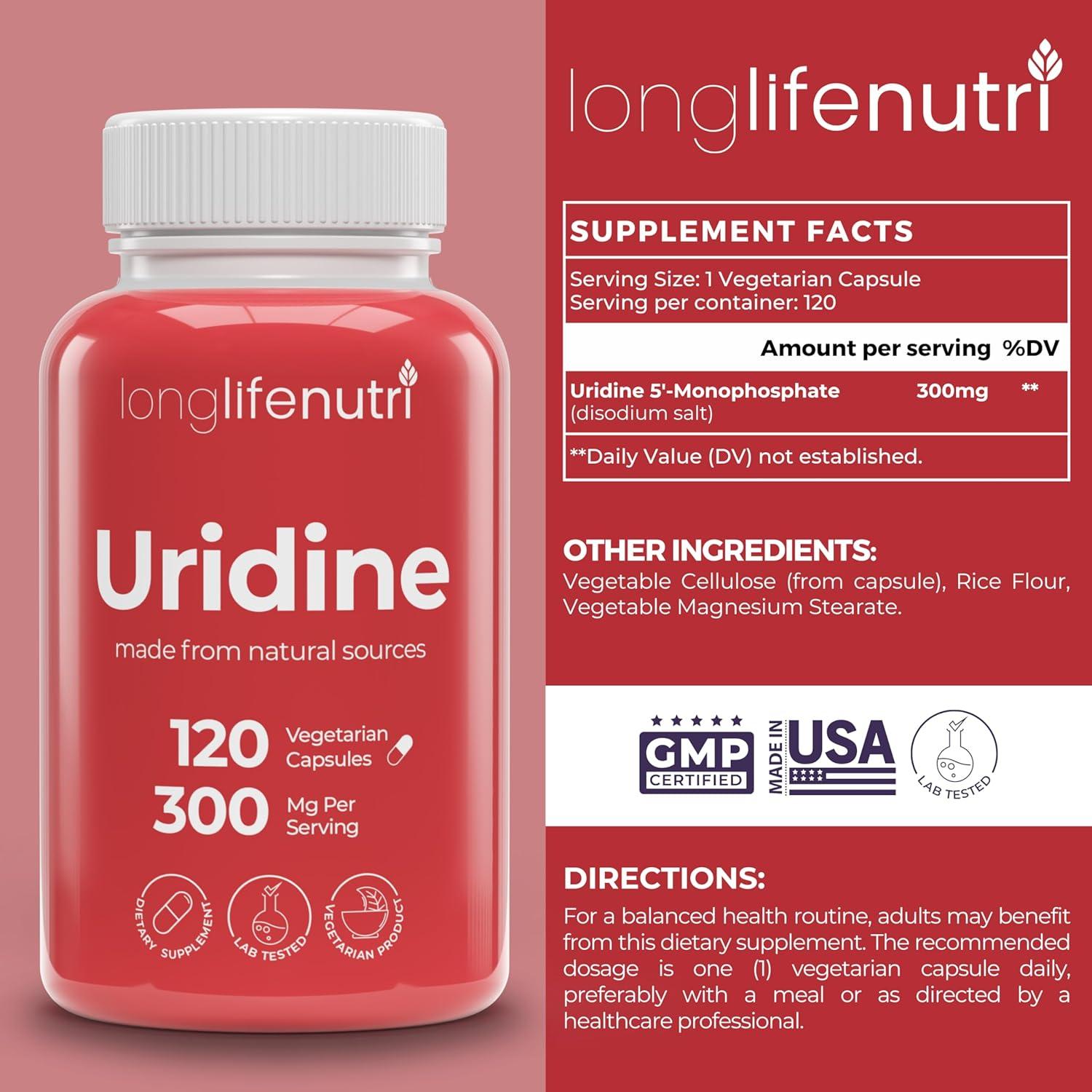 LongLifeNutri Uridina Monofosfato 300mg - 120 Cápsulas Veganas