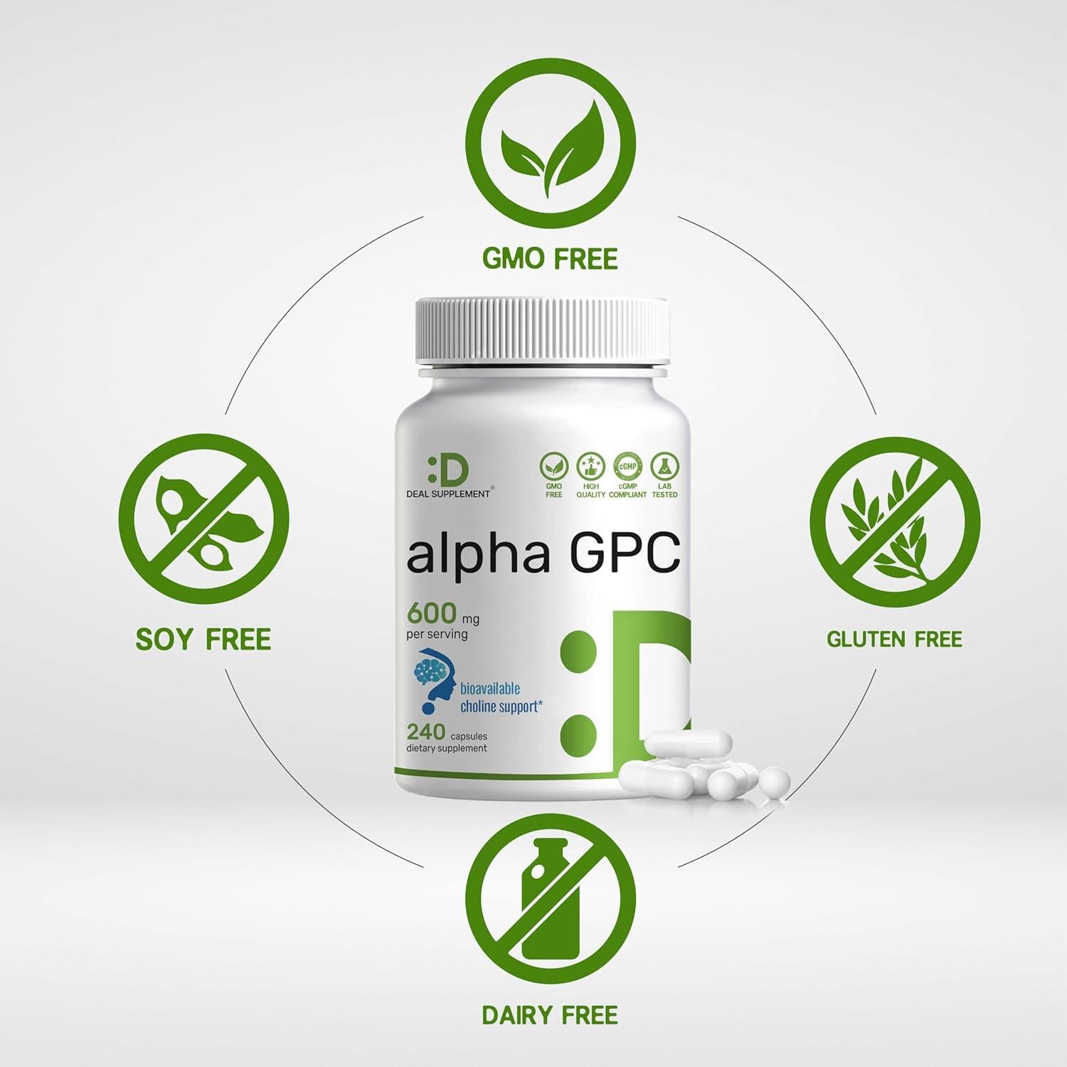 Alpha GPC 600mg 240 Cápsulas - Suplemento Nootrópico Salud Cerebral
