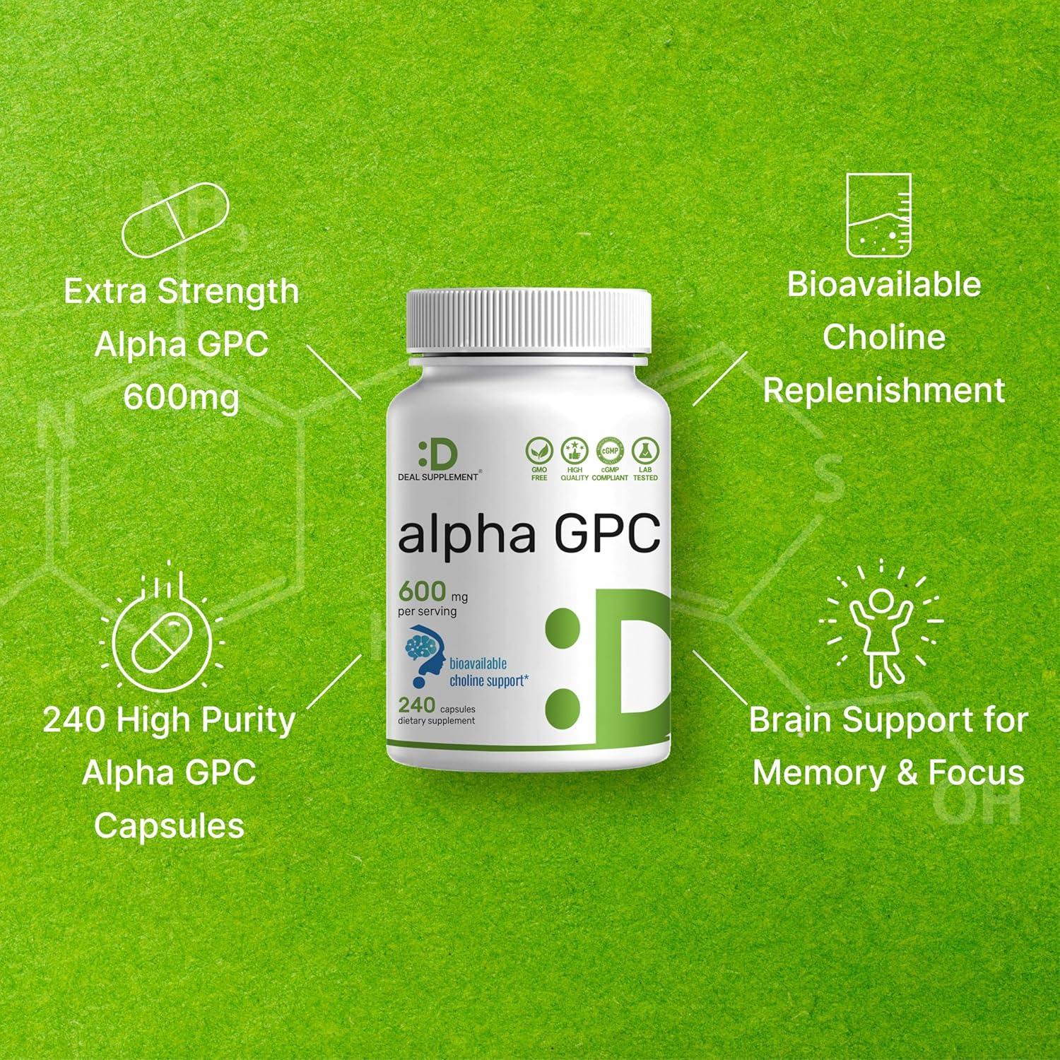 Alpha GPC 600mg 240 Cápsulas - Suplemento Nootrópico Salud Cerebral