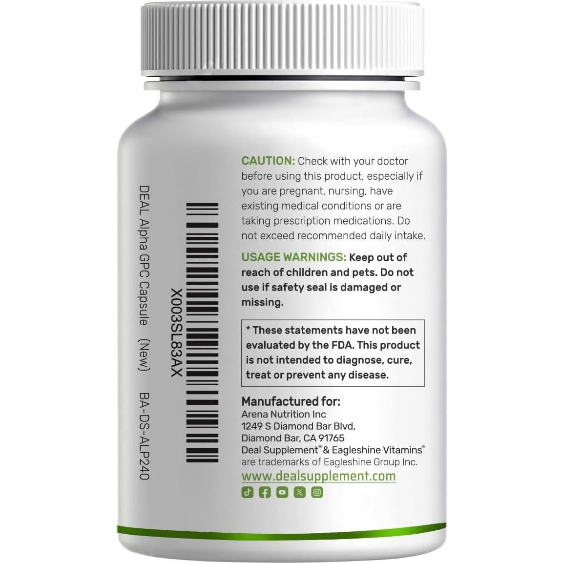 Alpha GPC 600mg 240 Cápsulas - Suplemento Nootrópico Salud Cerebral