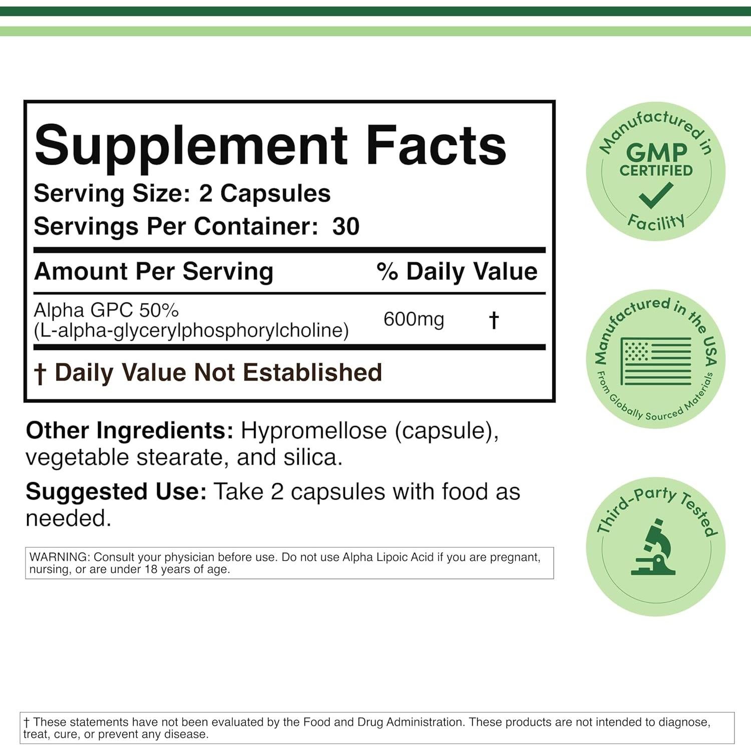 Suplemento Alpha GPC Colina 600mg 60 Cápsulas Double Wood