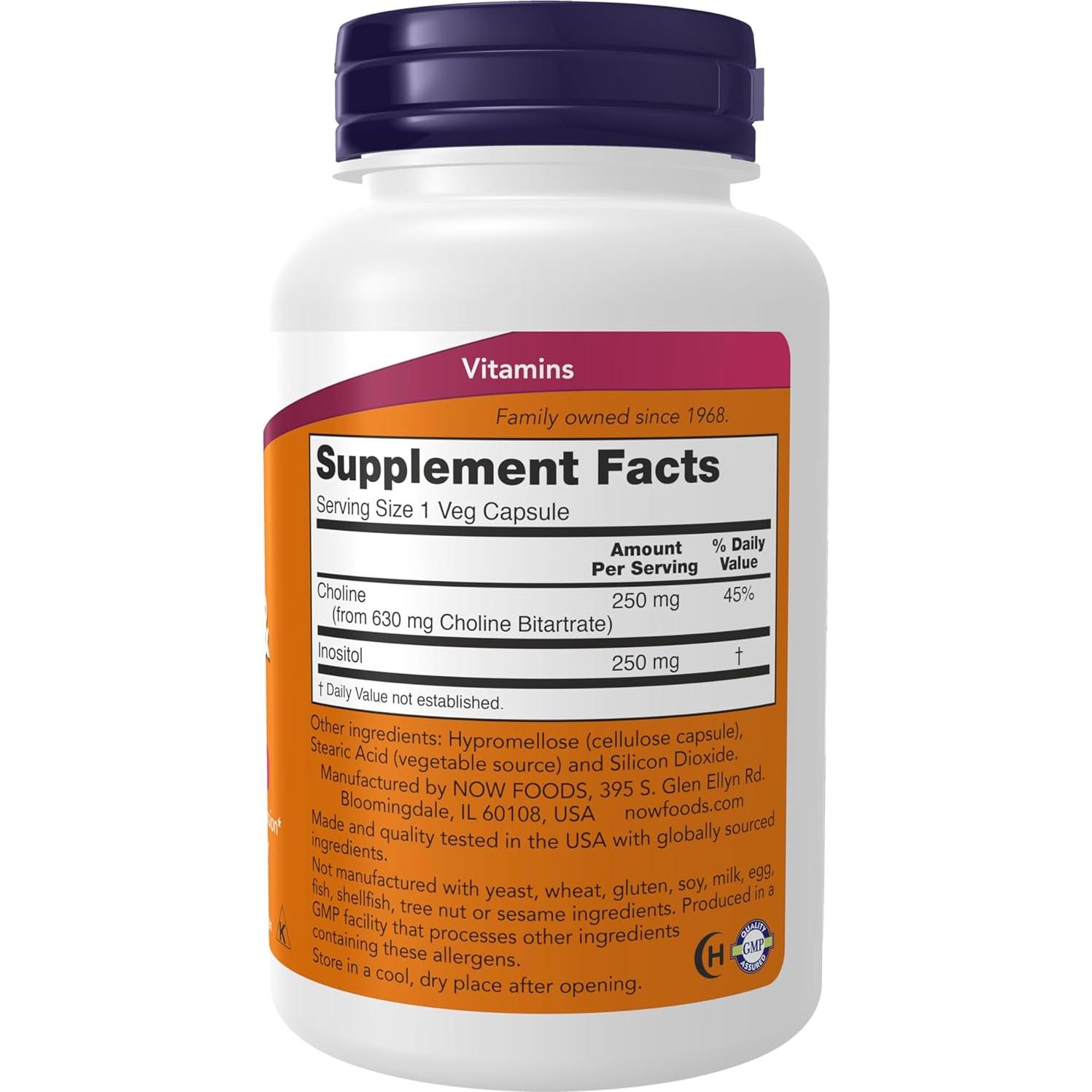 NOW Foods Colina e Inositol 500 mg 100 Cápsulas Salud Nerviosa